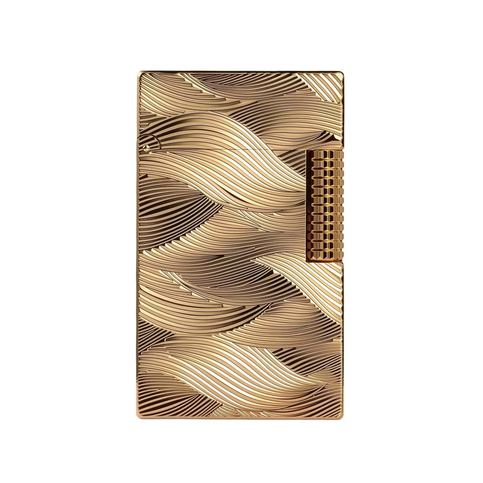 A gold-finished Aqua Rhythm lighter featuring a dynamic, flowing wave pattern engraved across the body with a textured mechanical flint roller.