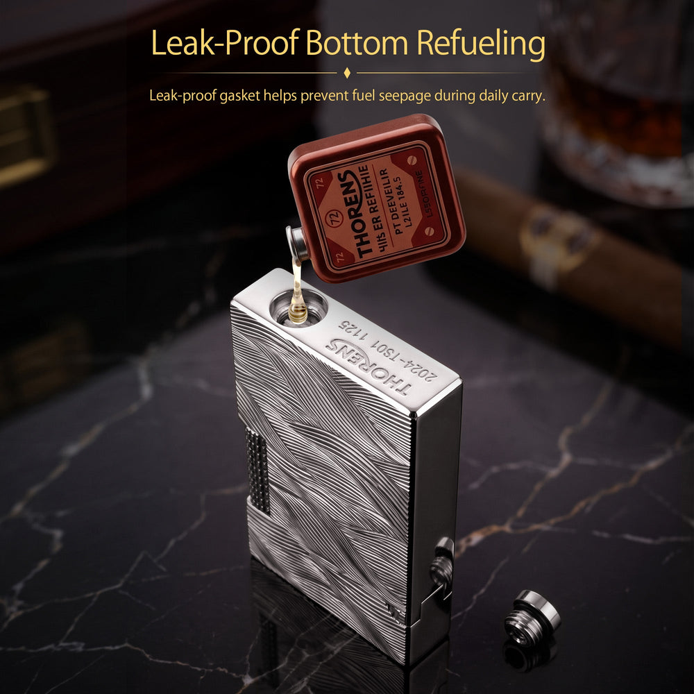 A professional collage of the Aqua Rhythm silver lighter showing the engraved wave pattern, open lid mechanism, side roller, and the bottom brand engraving.