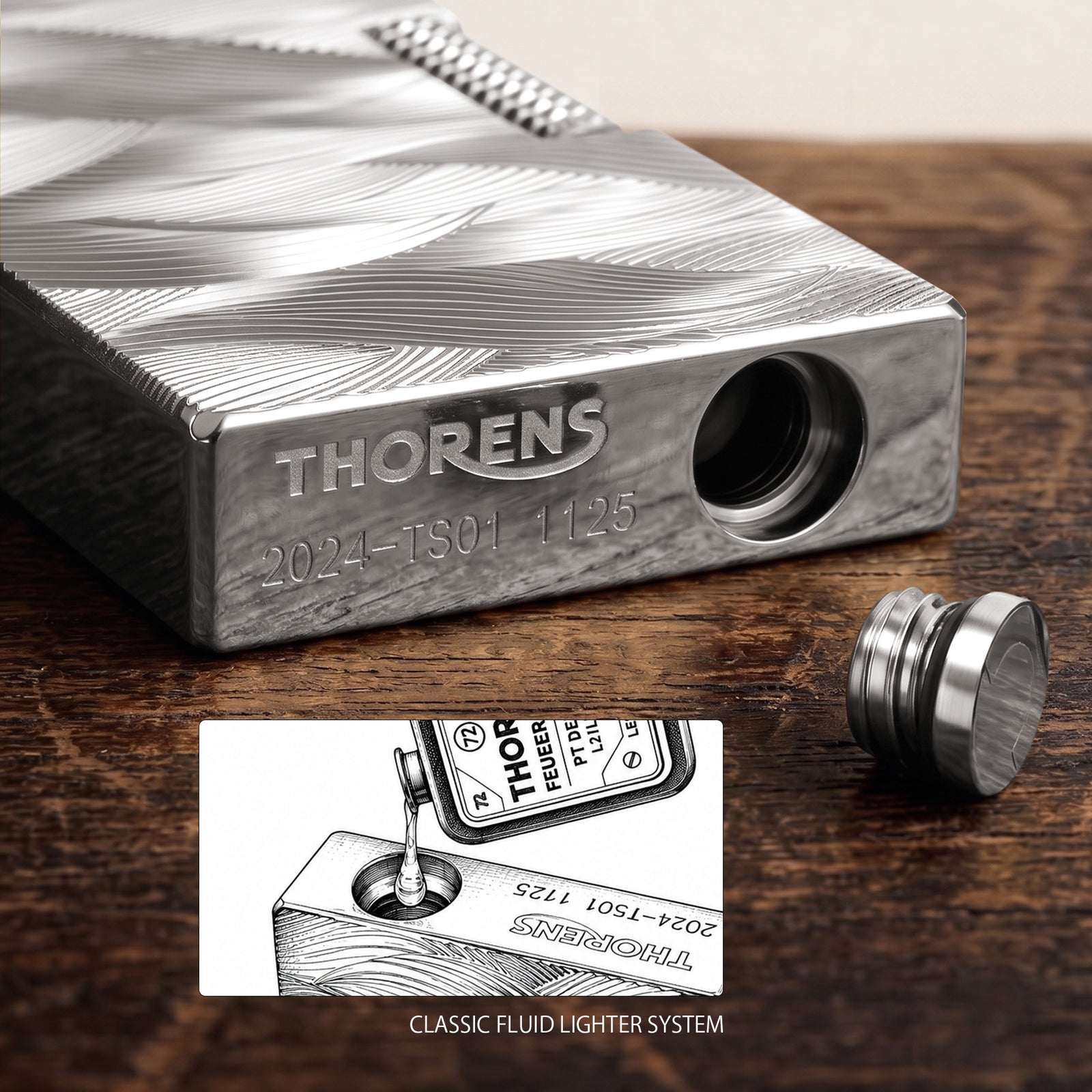 A professional collage of the Aqua Rhythm silver lighter showing the engraved wave pattern, open lid mechanism, side roller, and the bottom brand engraving.