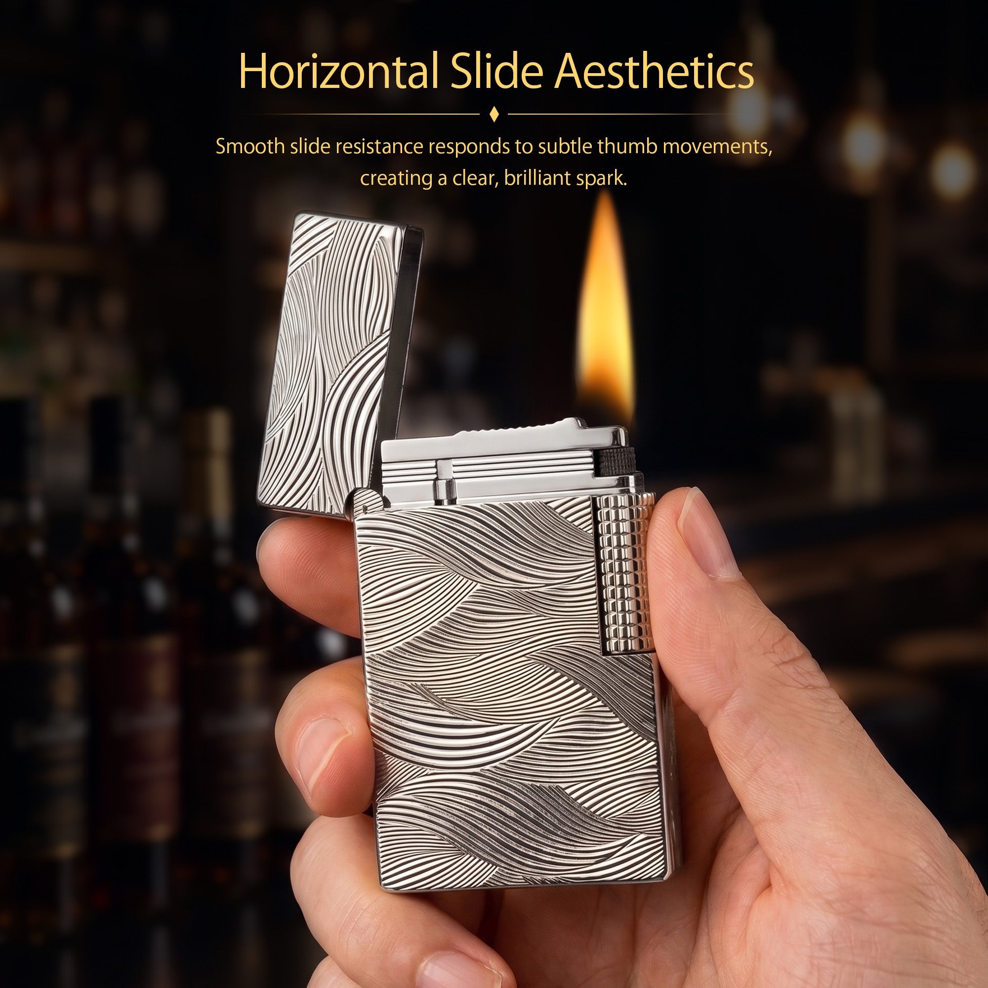 A silver Aqua Rhythm lighter with its lid flipped open, showcasing the contrasting internal mechanism, side roller, and elaborate wave engravings.