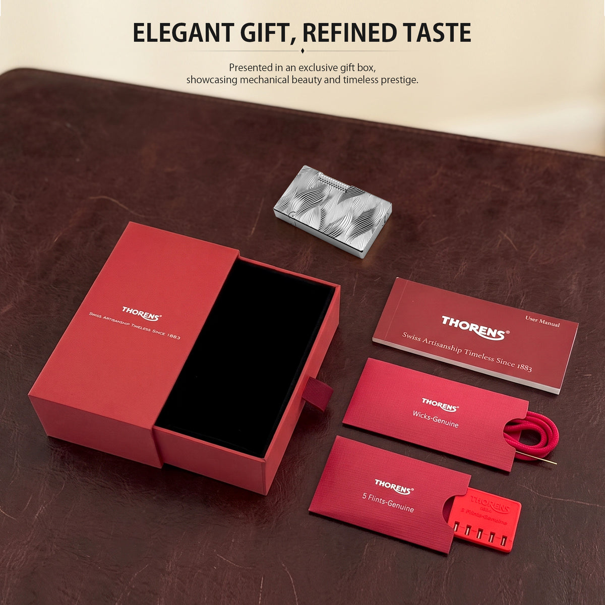 A breakdown of the Thorens Aqua Rhythm silver lighter set, including the red presentation box, genuine wicks, genuine flints, and the user manual.