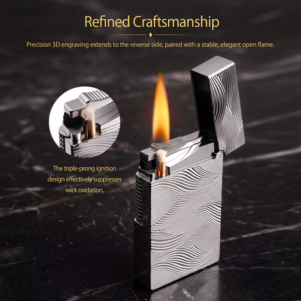 Technical diagram of the Aqua Rhythm silver lighter detailing dimensions, brass material, and weight, alongside instructions for refilling lighter fluid and replacing the flint.
