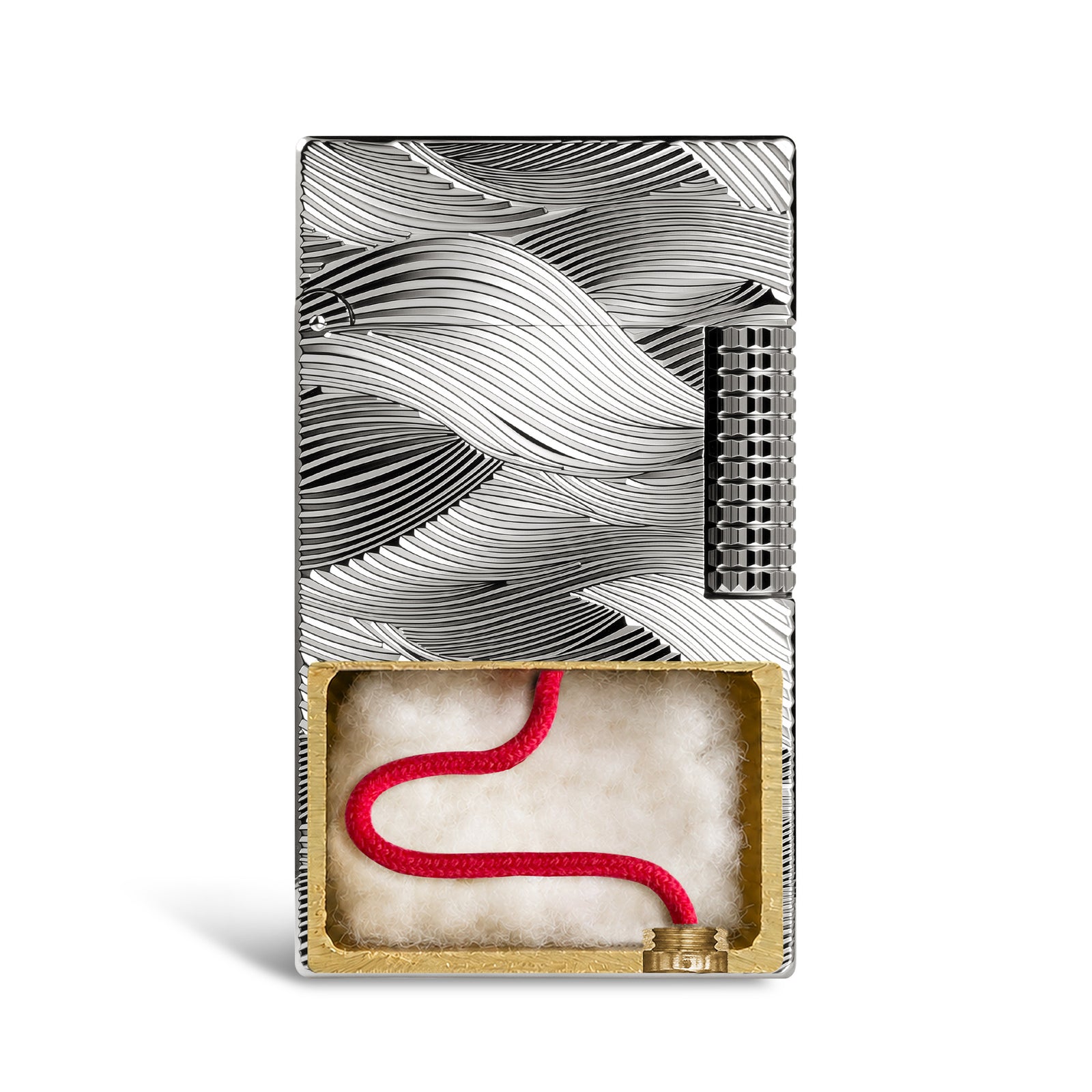 Technical diagram of the Aqua Rhythm silver lighter detailing dimensions, brass material, and weight, alongside instructions for refilling lighter fluid and replacing the flint.