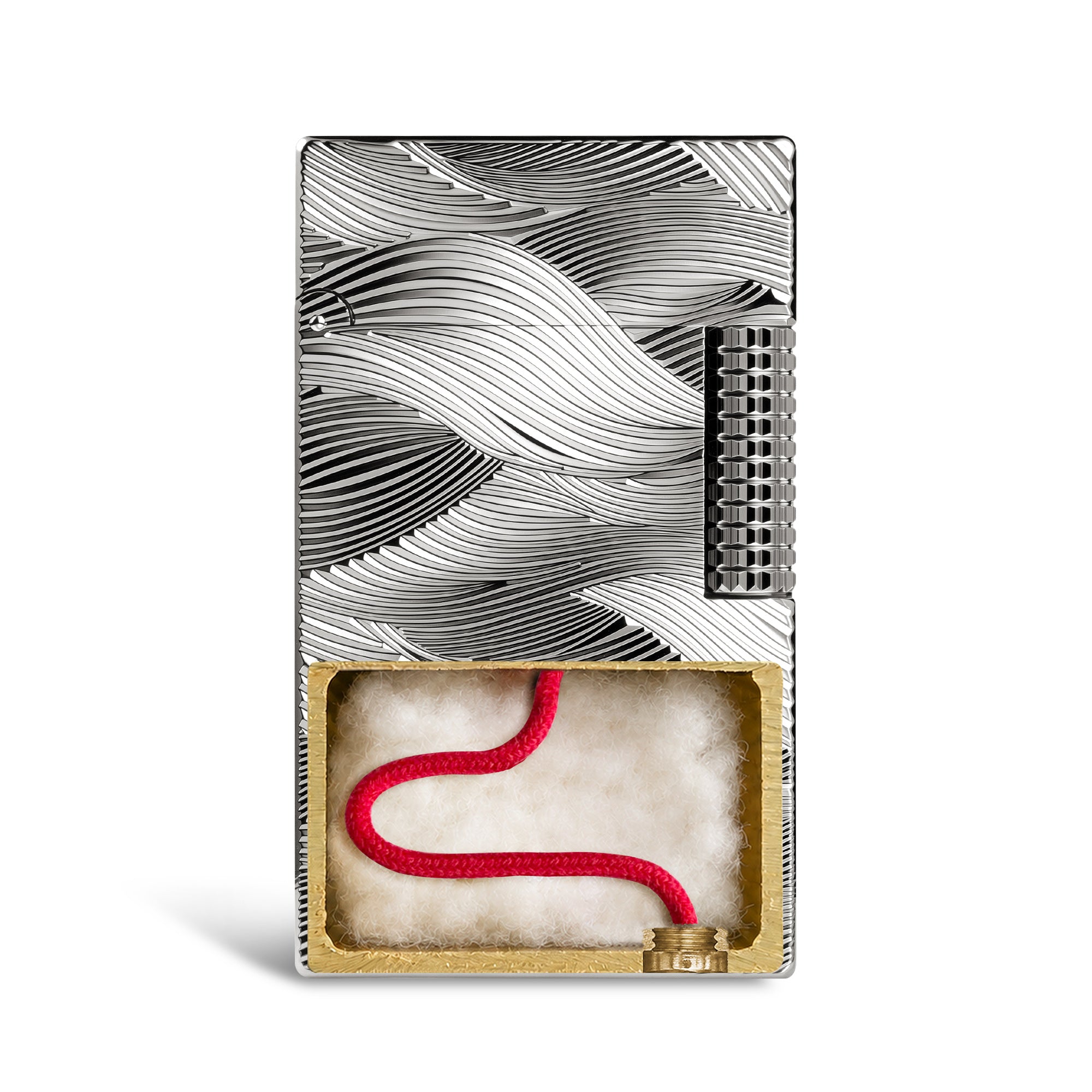 Technical diagram of the Aqua Rhythm silver lighter detailing dimensions, brass material, and weight, alongside instructions for refilling lighter fluid and replacing the flint.