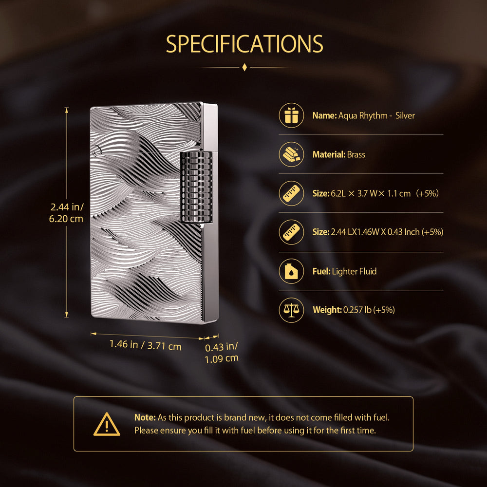A technical illustration of the silver Aqua Rhythm lighter featuring a breakdown diagram of precision mechanical parts and a visual guide for the side-roller ignition method.