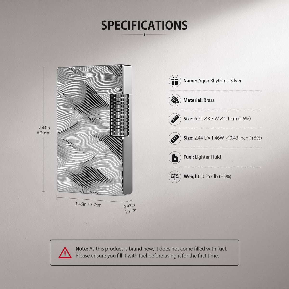 A technical illustration of the silver Aqua Rhythm lighter featuring a breakdown diagram of precision mechanical parts and a visual guide for the side-roller ignition method.