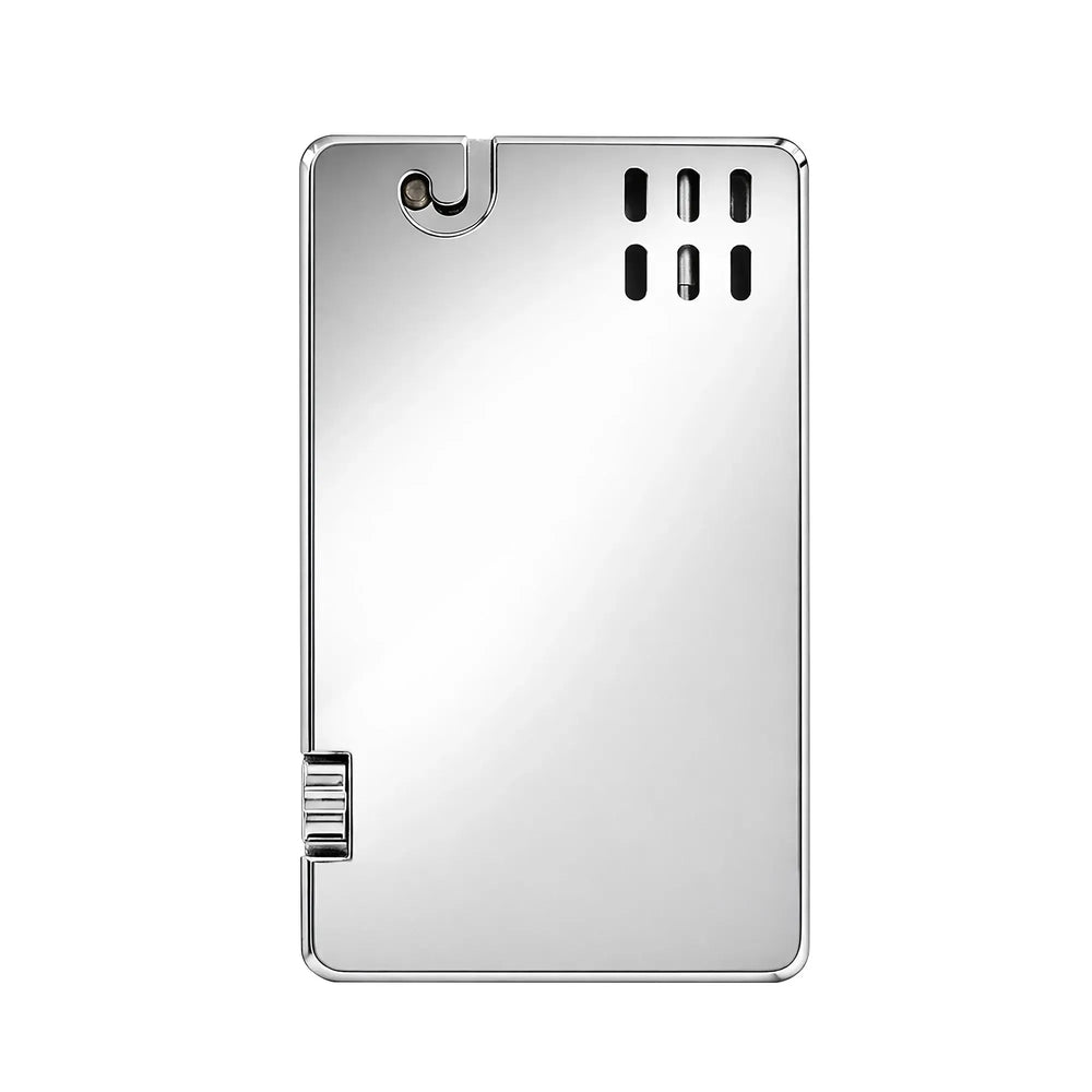A front view of the Thorens Asprey lighter in a mirror-polished silver finish, showcasing its sleek rectangular silhouette, minimalist windguard vents, and premium mechanical precision.