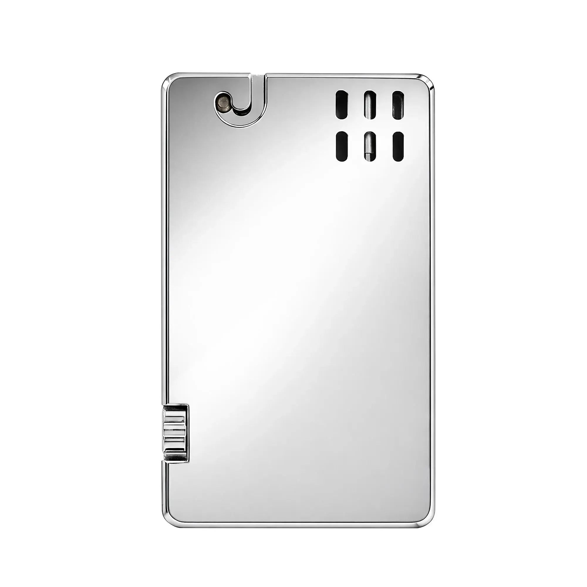 A front view of the Thorens Asprey lighter in a mirror-polished silver finish, showcasing its sleek rectangular silhouette, minimalist windguard vents, and premium mechanical precision.