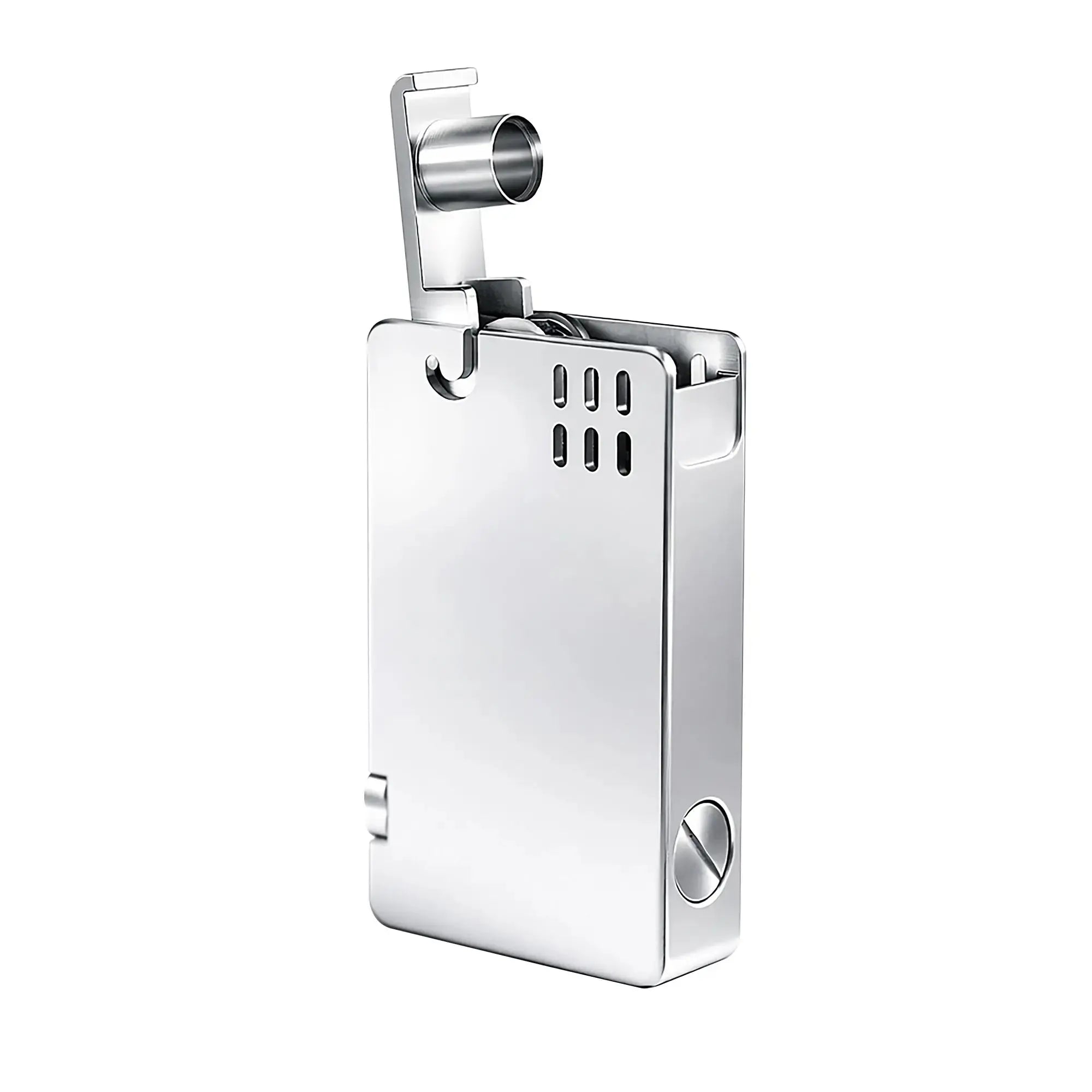 A premium Thorens Asprey lighter featuring a high-polish silver chrome finish and an open mechanical lid, showcasing its sleek industrial design and refined EDC aesthetics.