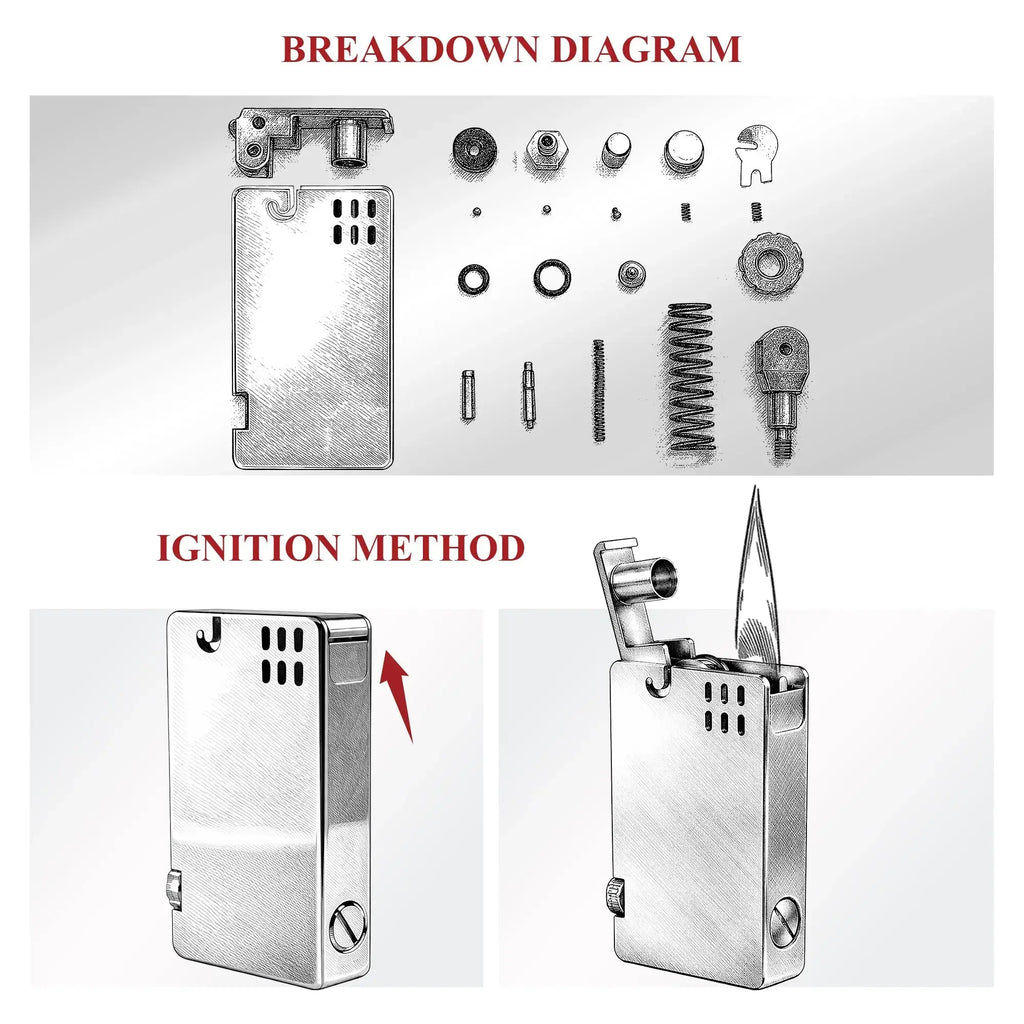 An exploded view breakdown diagram of the Thorens Asprey silver lighter, displaying the precision-engineered internal components, springs, and mechanical gears that comprise its heritage brass construction.