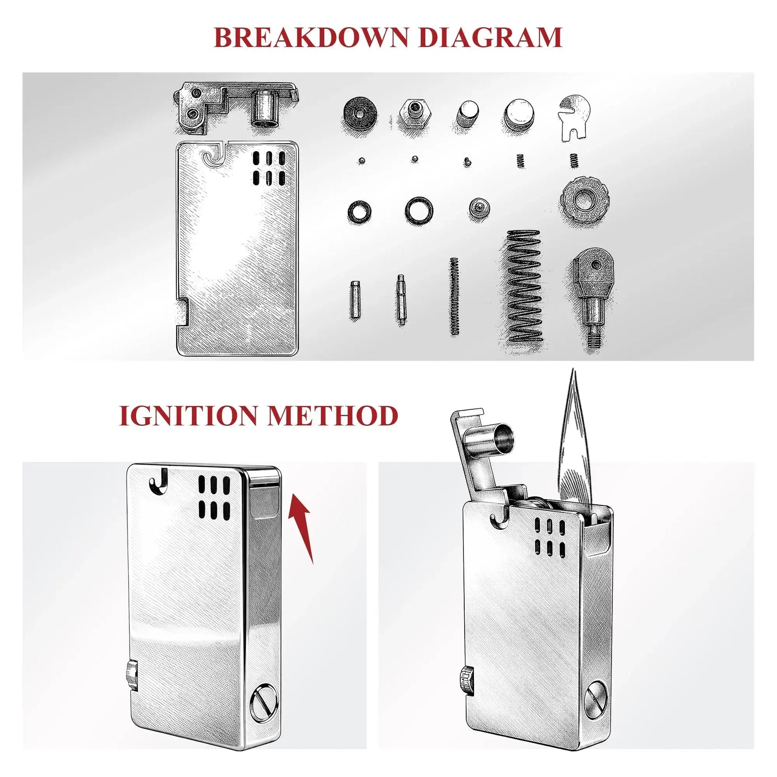 An exploded view breakdown diagram of the Thorens Asprey silver lighter, displaying the precision-engineered internal components, springs, and mechanical gears that comprise its heritage brass construction.