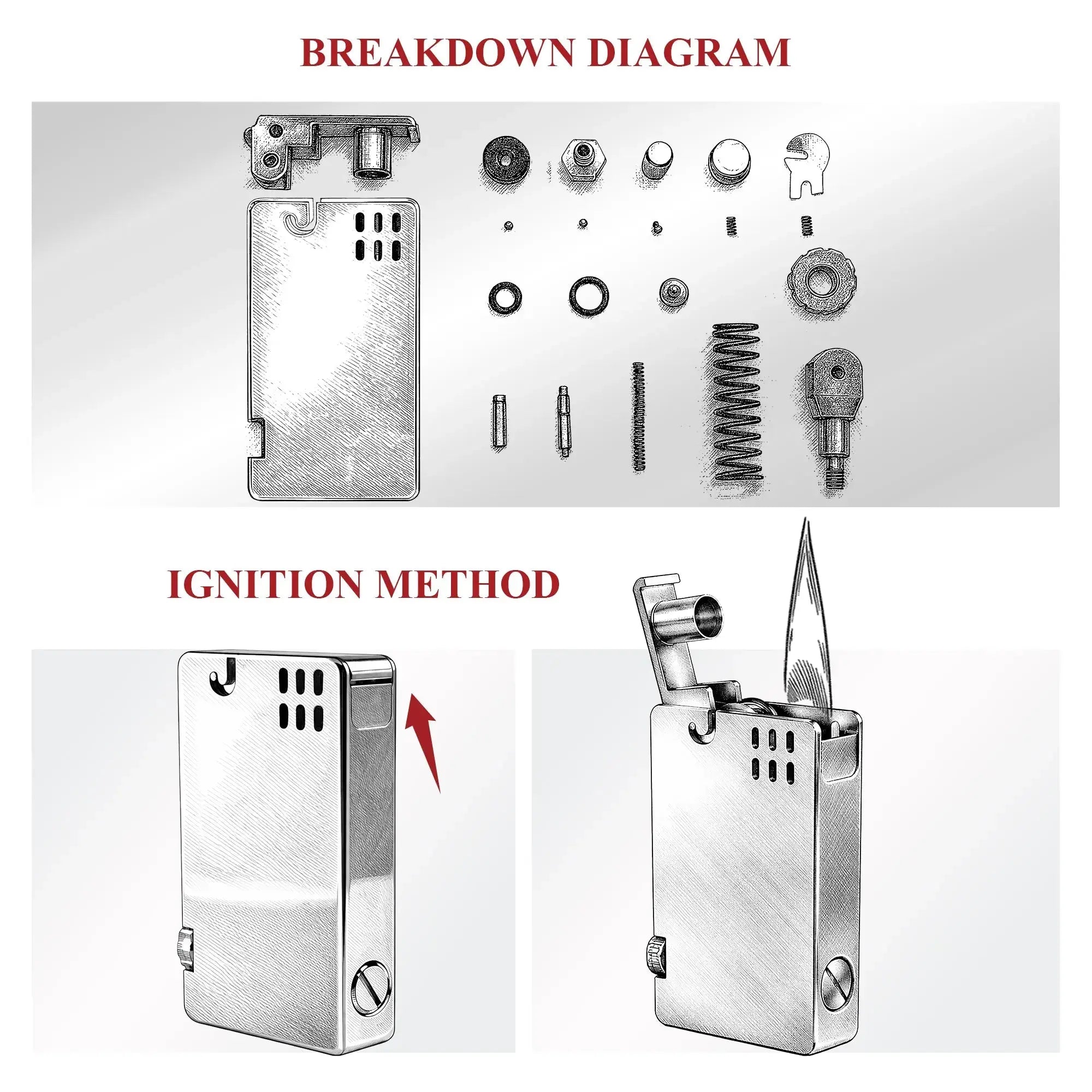 An exploded view breakdown diagram of the Thorens Asprey silver lighter, displaying the precision-engineered internal components, springs, and mechanical gears that comprise its heritage brass construction.