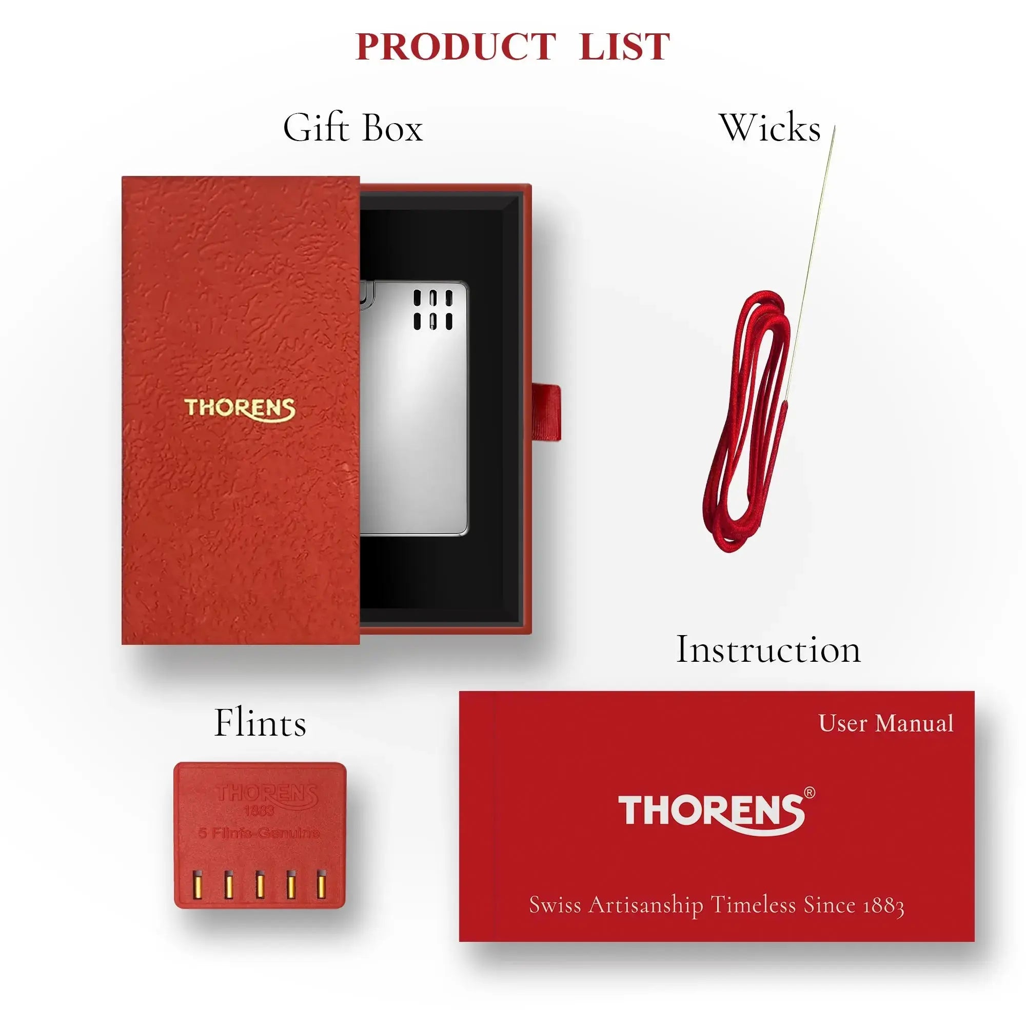 A complete Thorens Asprey silver lighter product list featuring the polished chrome lighter in a luxury red gift box, including replacement flints, cotton wicks, and an official user manual.