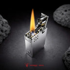 An ignited Thorens Asprey lighter in a high-polish silver finish, showcasing mechanical sparks and a steady flame, highlighting its windproof six-hole guard and Swiss precision engineering.