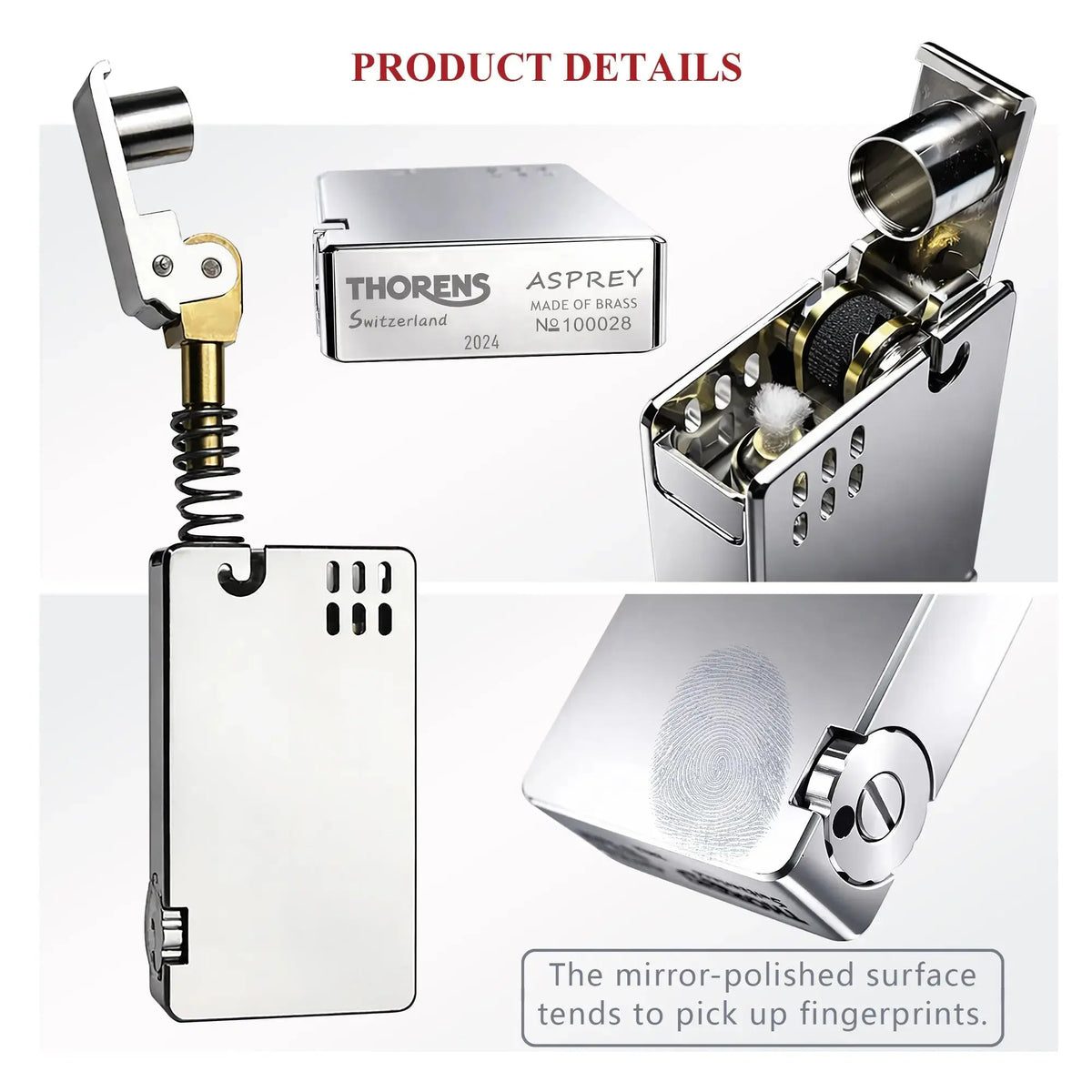 A multi-panel product detail view of the silver Thorens Asprey lighter, showing the spring-loaded mechanical interior, the hallmark base engravings, and the mirror-polished chrome finish.