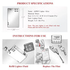 A technical product overview of the silver Thorens Asprey lighter, displaying precise dimensions, brass material details, and a weight of 0.25 lbs alongside illustrated maintenance instructions.