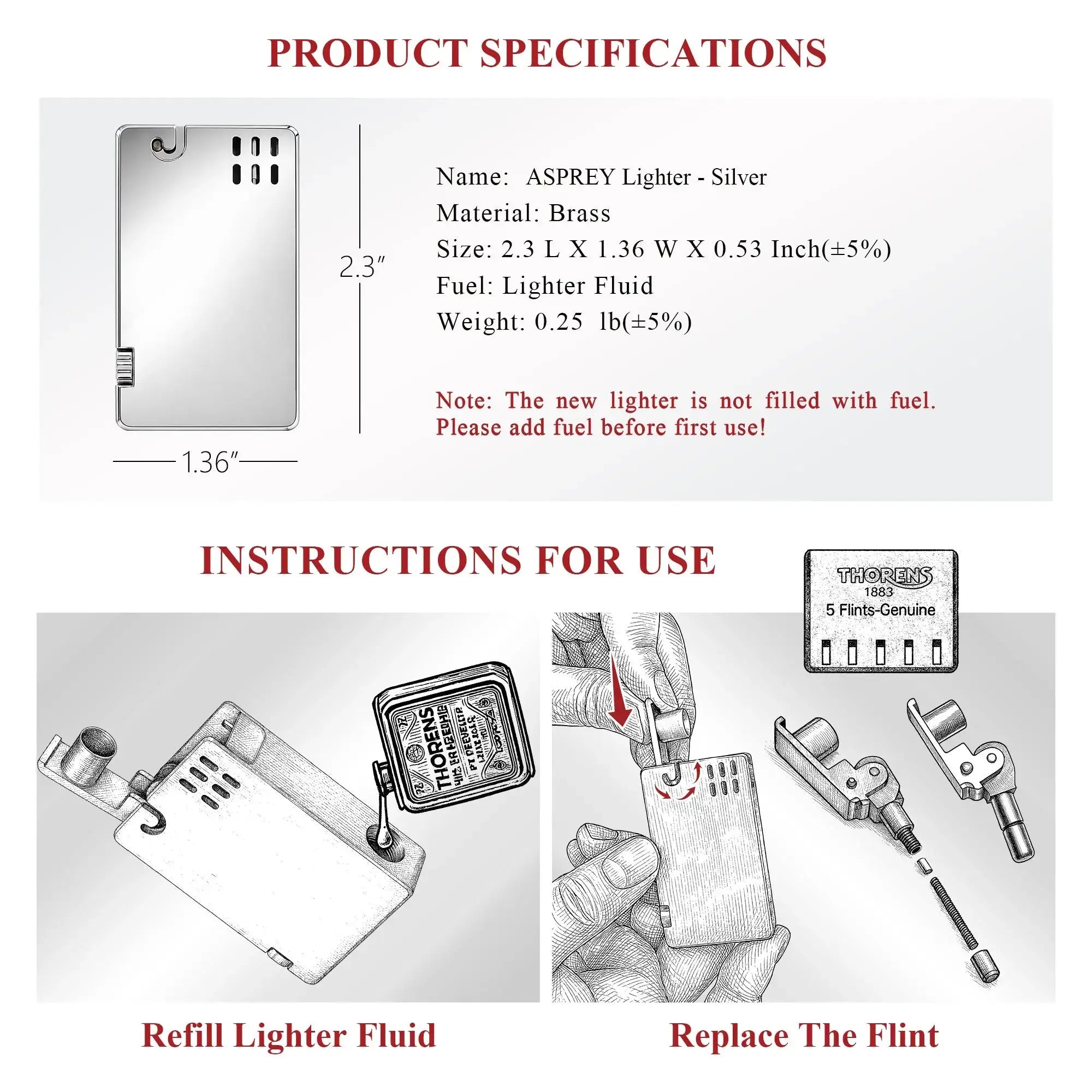 A technical product overview of the silver Thorens Asprey lighter, displaying precise dimensions, brass material details, and a weight of 0.25 lbs alongside illustrated maintenance instructions.