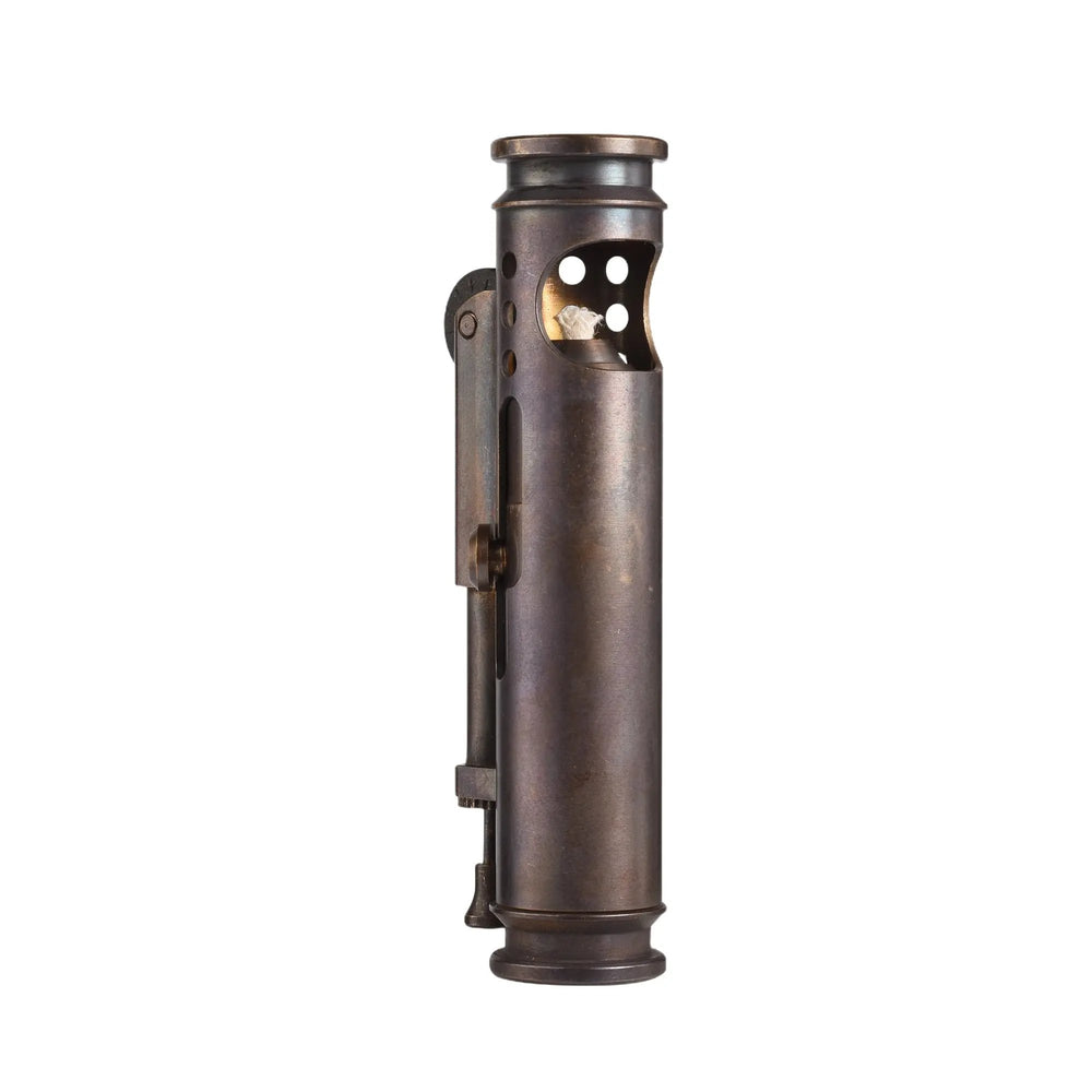 Front view of a glossy Thorens Battle Soul trench lighter with exposed wick window against a light background