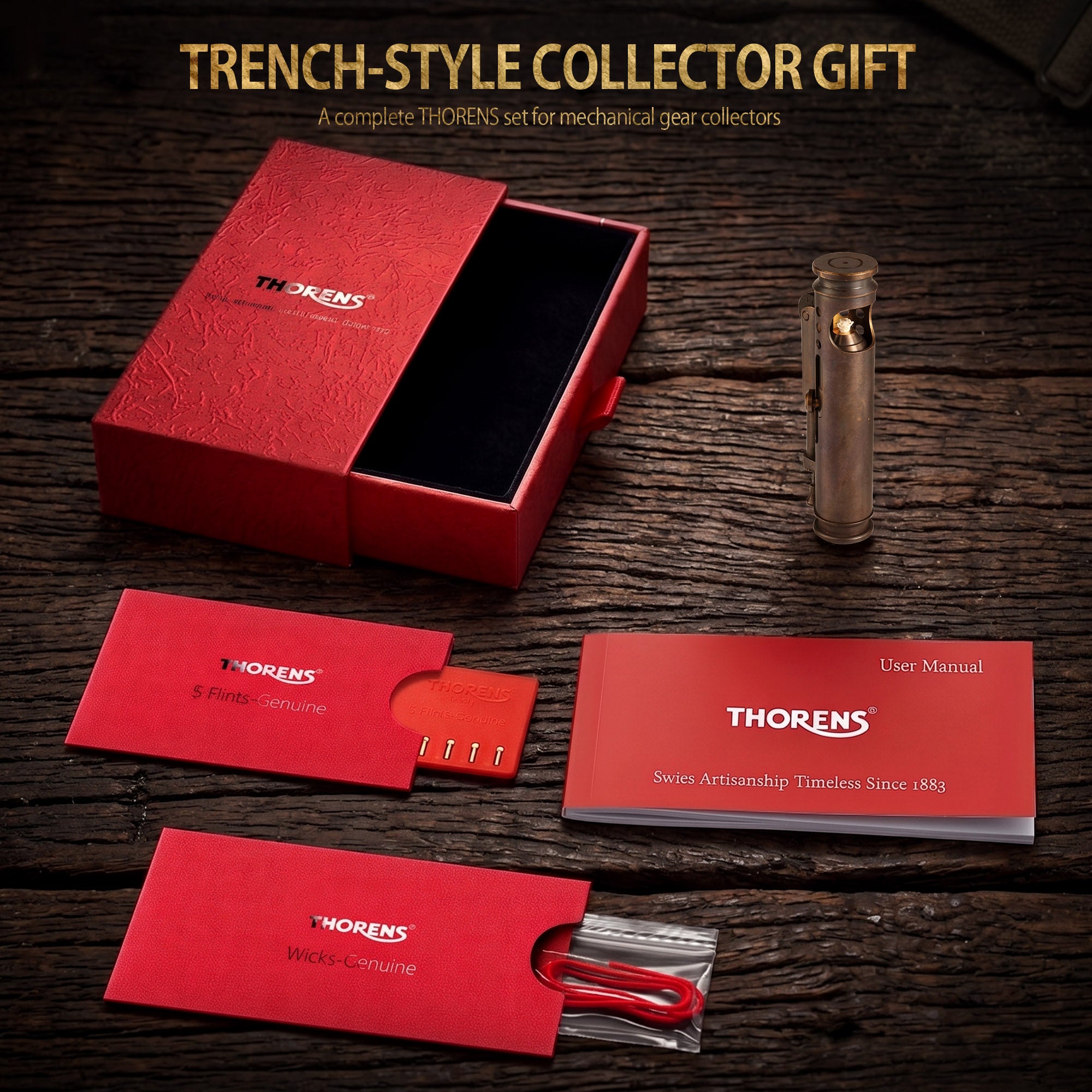 Front view of a glossy Thorens Battle Soul trench lighter with exposed wick window against a light background