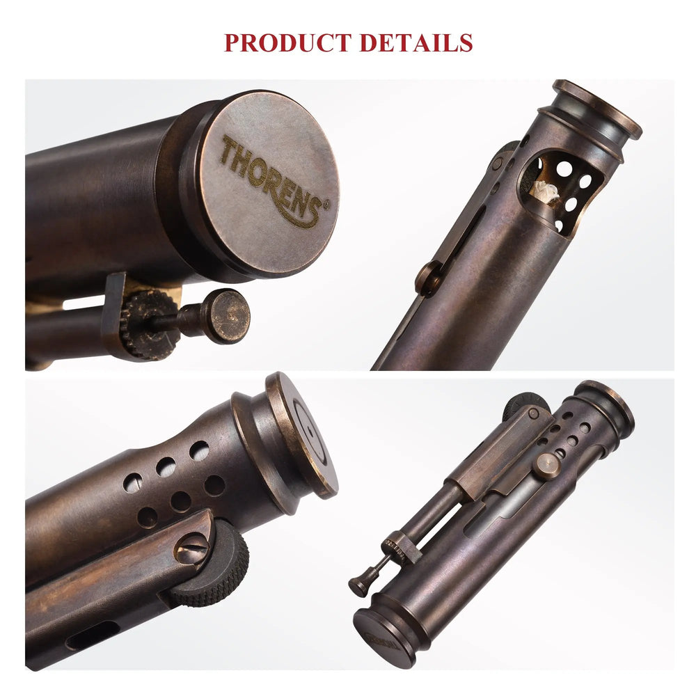 Product details collage of a glossy Thorens Battle Soul trench lighter showing base engraving, vented upper section, striker wheel, and side mechanism close-ups