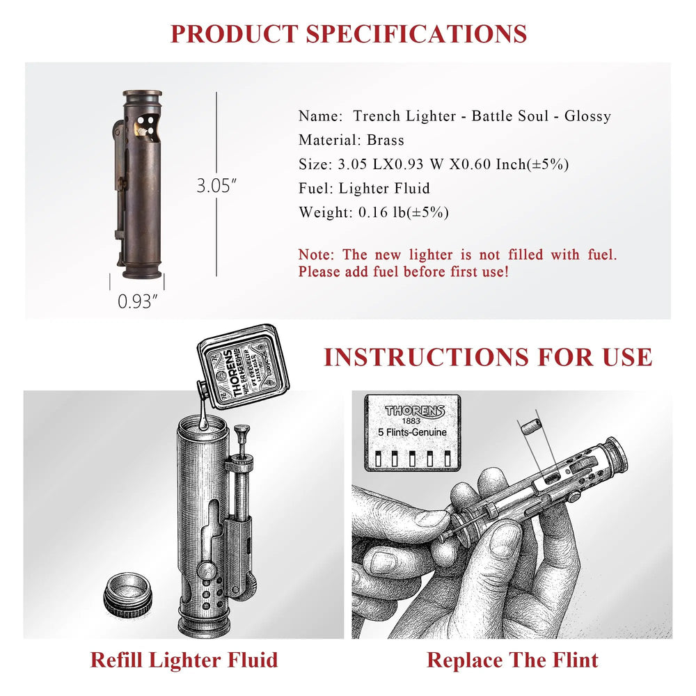 Product specifications and instructions for use graphic for a glossy Thorens Battle Soul trench lighter, including size, brass material, lighter fluid refill, and flint replacement steps