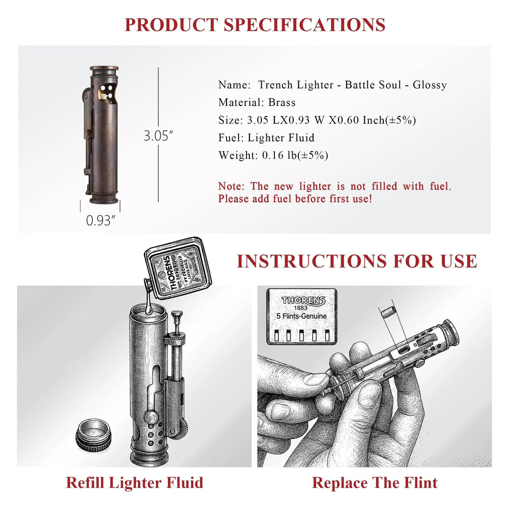 Product specifications and instructions for use graphic for a glossy Thorens Battle Soul trench lighter, including size, brass material, lighter fluid refill, and flint replacement steps