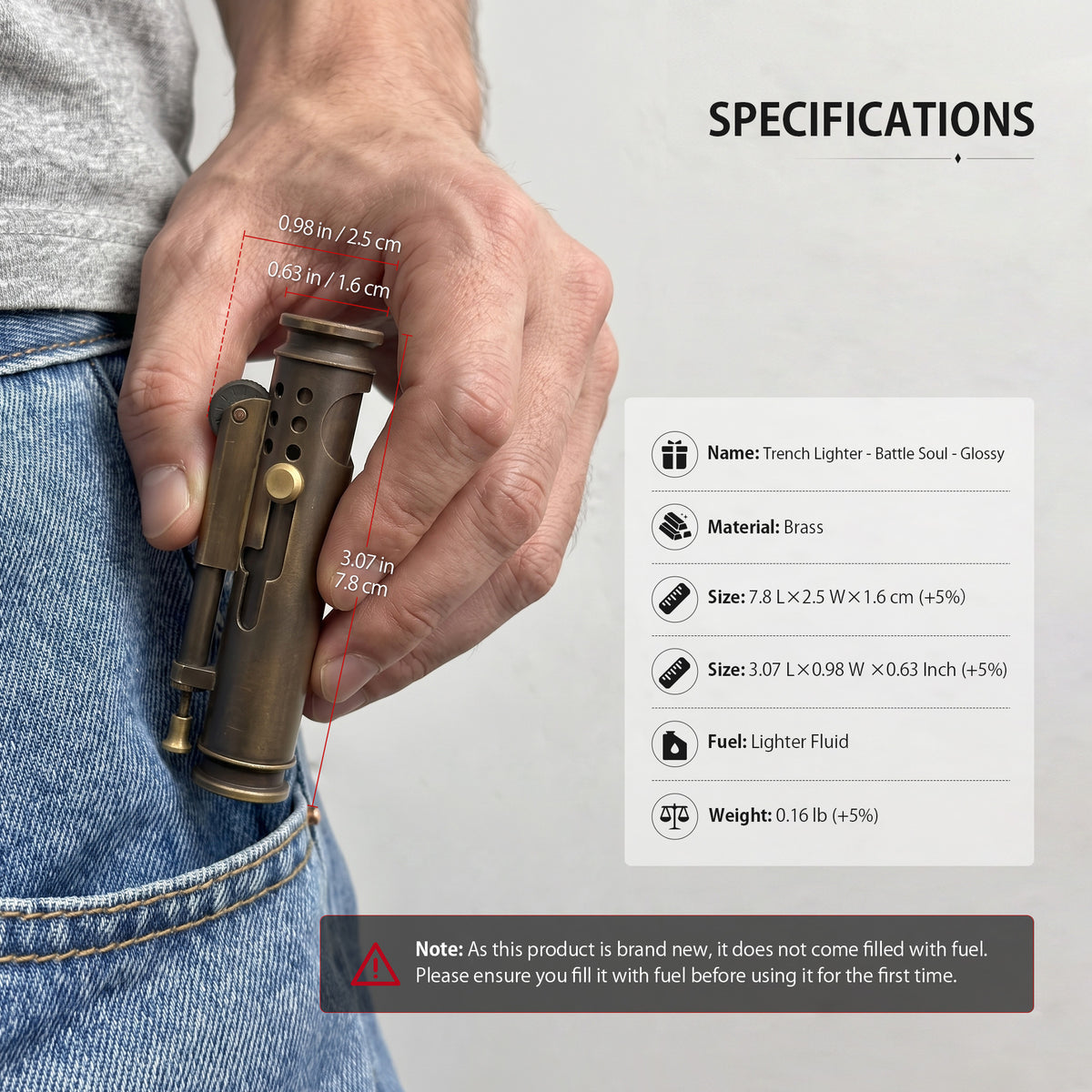 Product specifications and instructions for use graphic for a glossy Thorens Battle Soul trench lighter, including size, brass material, lighter fluid refill, and flint replacement steps