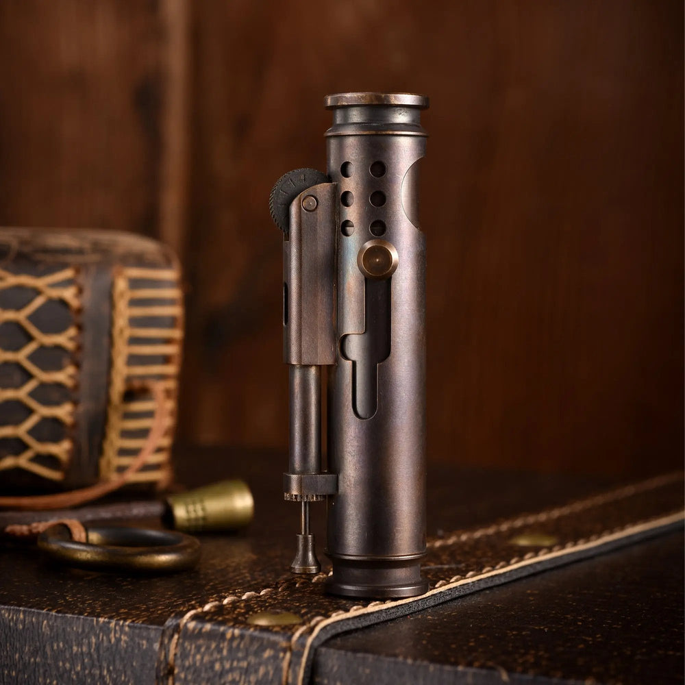 Glossy Thorens Battle Soul trench lighter standing upright on a dark leather surface with a warm wood background