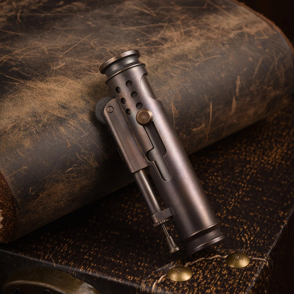 Glossy Thorens Battle Soul trench lighter displayed on a distressed dark leather case in a close lifestyle shot