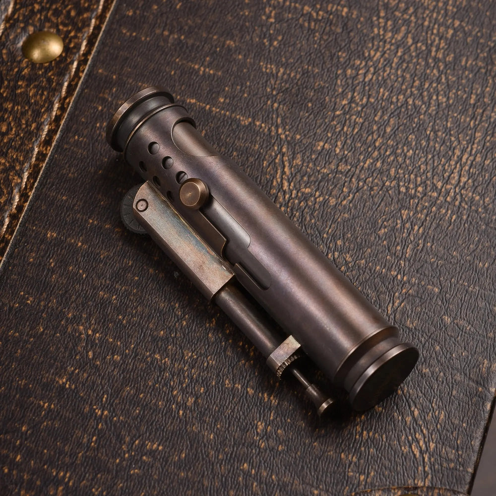Glossy Thorens Battle Soul trench lighter resting on a textured dark leather surface in a close angled view