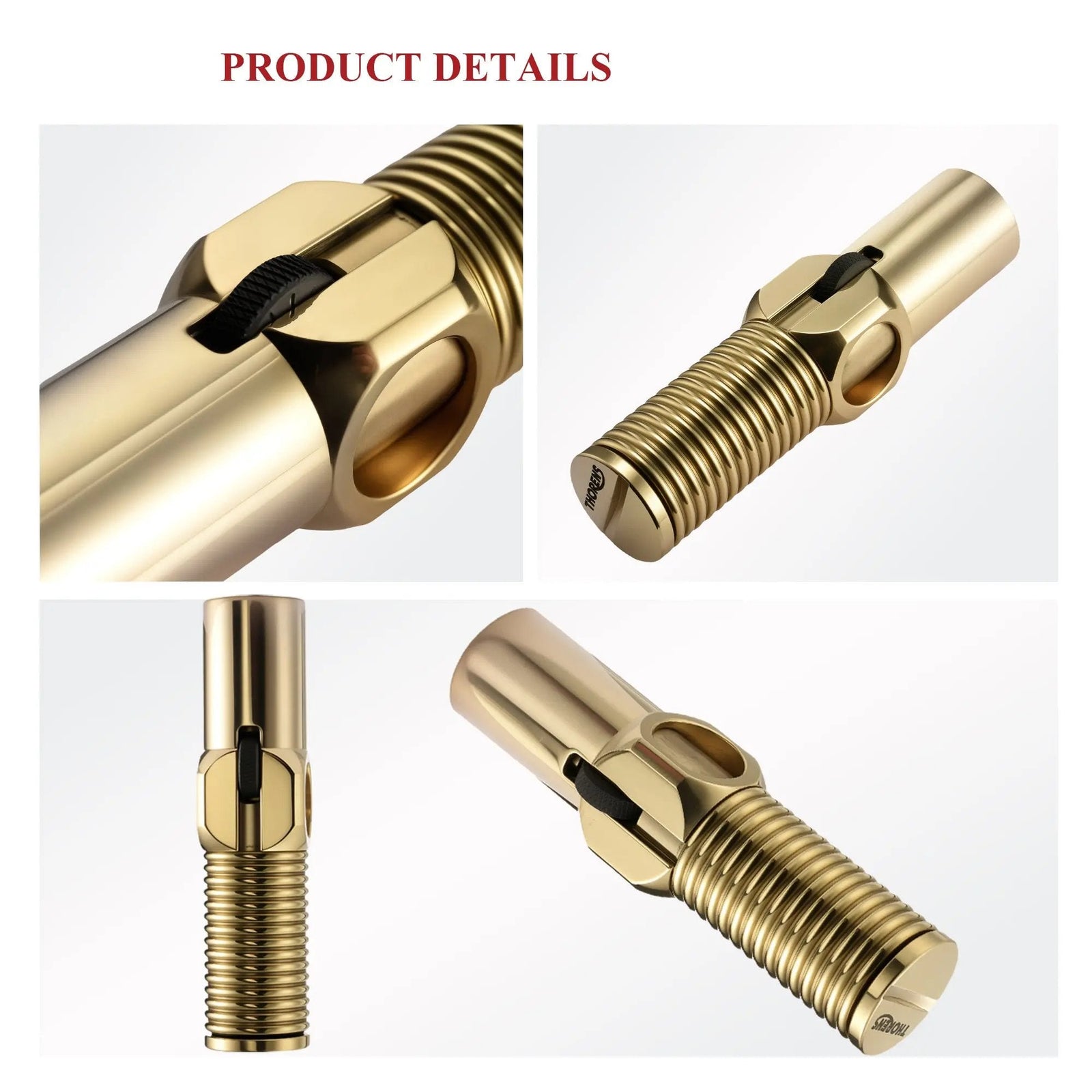 A product detail collage of the brass Big Screw Trench Lighter, showcasing the precision-milled horizontal threads, the recessed flint wheel, and the smooth, polished gold-tone finish from multiple angles.