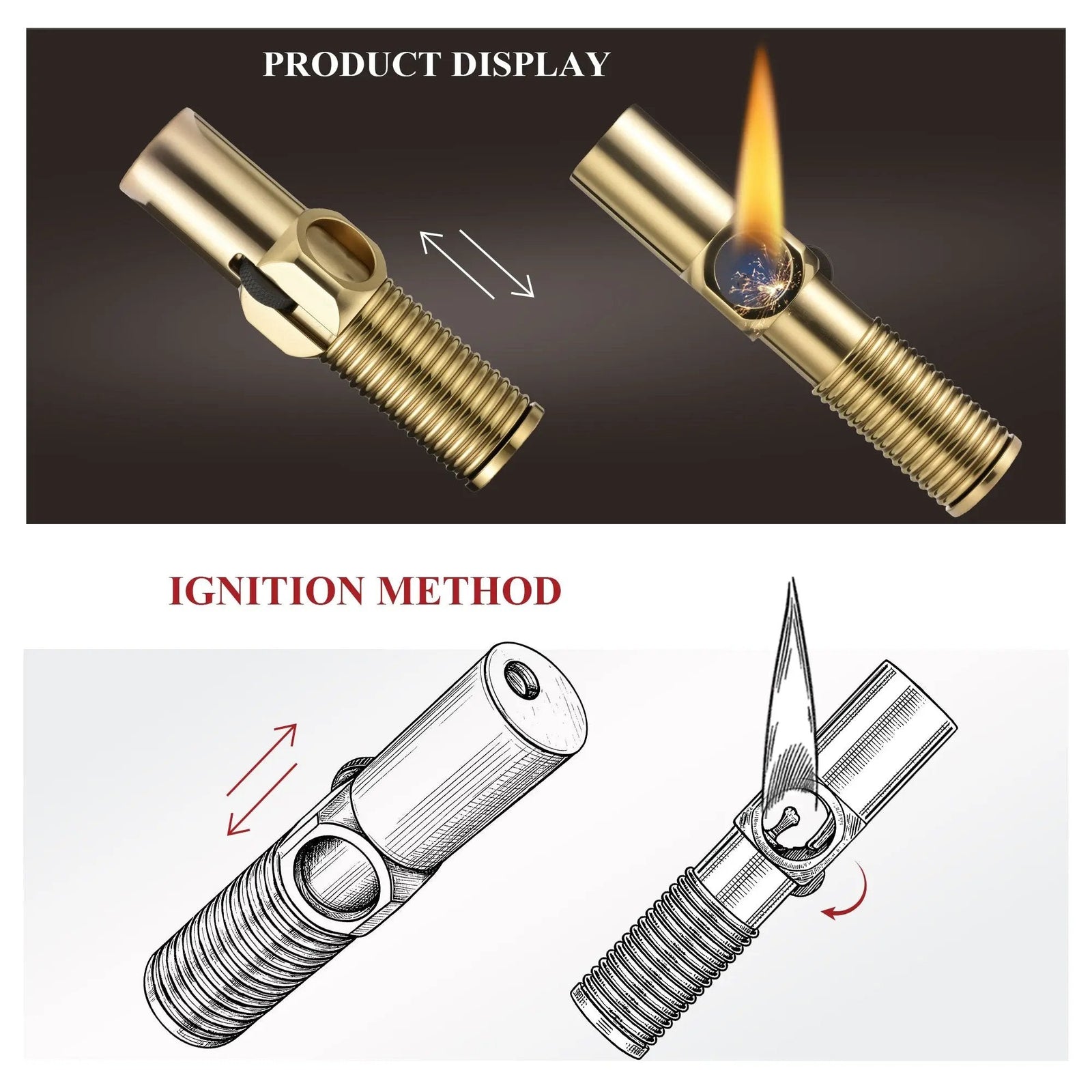 A technical demonstration of the brass Big Screw Trench Lighter, featuring product photos of the sliding mechanism and active flame alongside detailed line drawings illustrating the sliding ignition method.