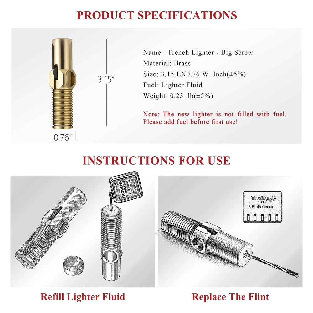 A technical specification sheet for the brass Big Screw Trench Lighter, including product dimensions, material details, and illustrated instructions for refilling lighter fluid and replacing the flint.