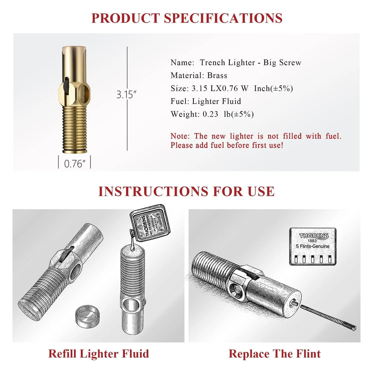 A technical specification sheet for the brass Big Screw Trench Lighter, including product dimensions, material details, and illustrated instructions for refilling lighter fluid and replacing the flint.