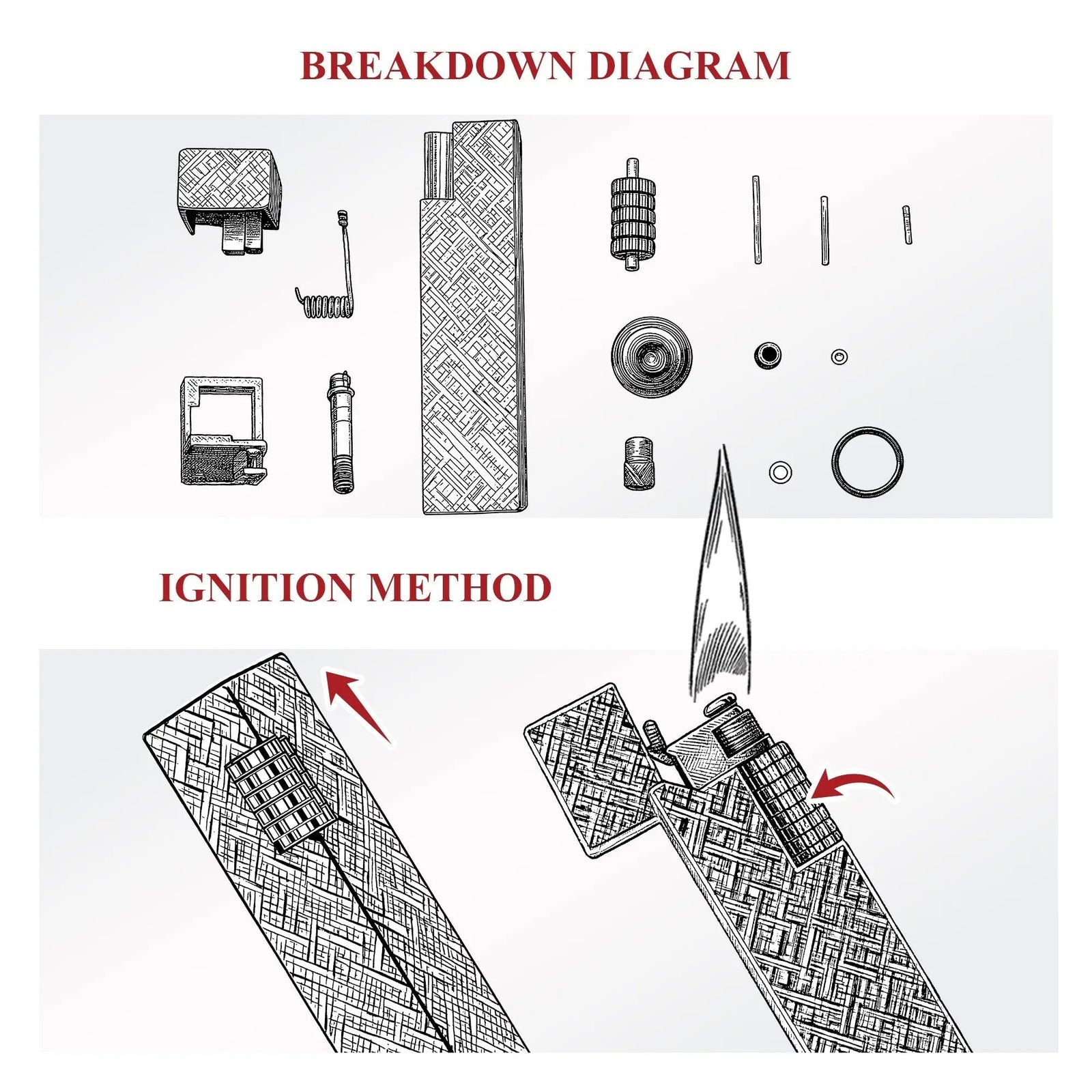 Technical diagram for a black carved Thorens rectangular side-slip lighter, showing the exploded component layout and the side-slip ignition method with opening and lighting steps illustrated on a clean white background