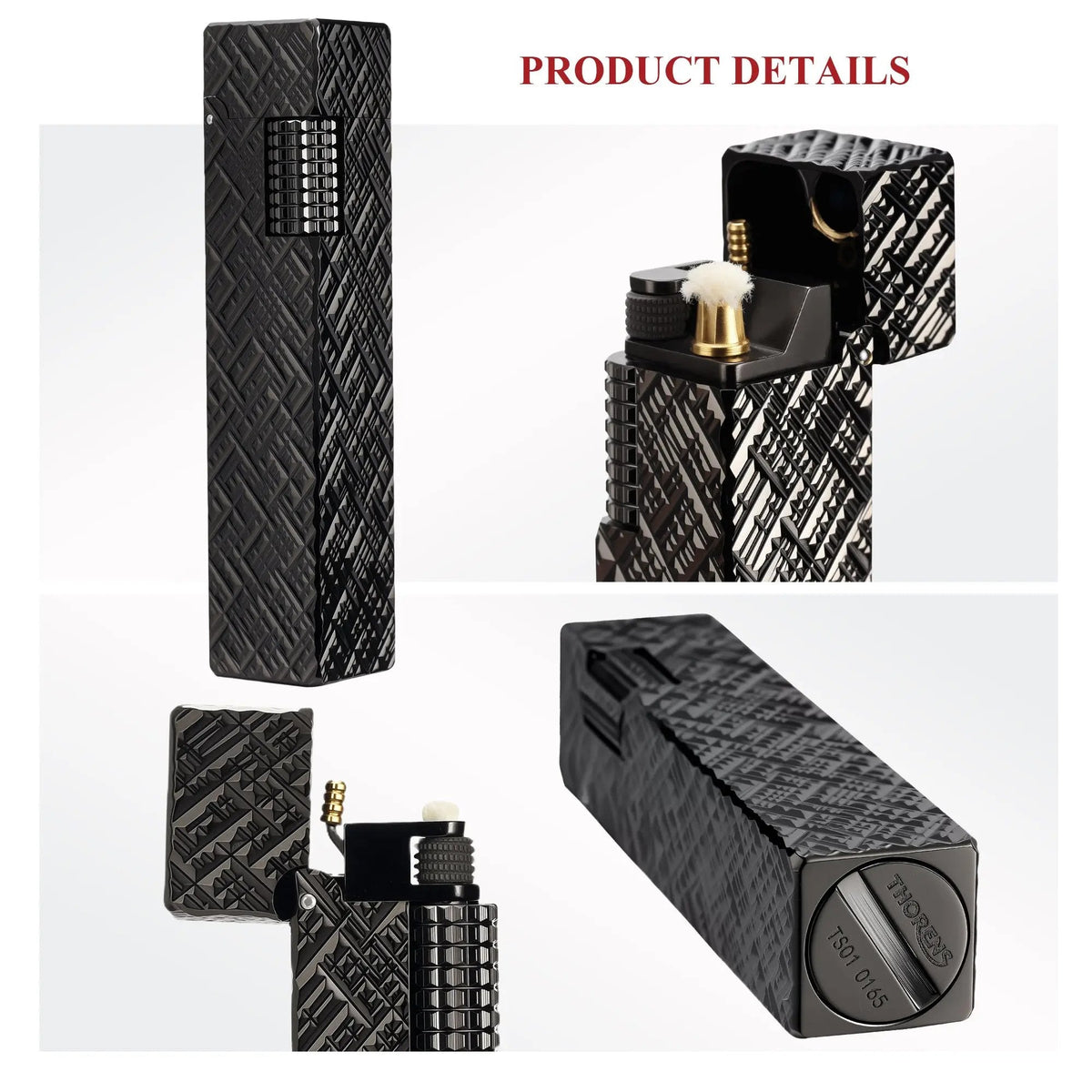Product detail collage of a black carved Thorens rectangular side-slip lighter, showing the closed front view, open ignition structure with wick and flint wheel, side profile, and engraved base detail on a clean light background