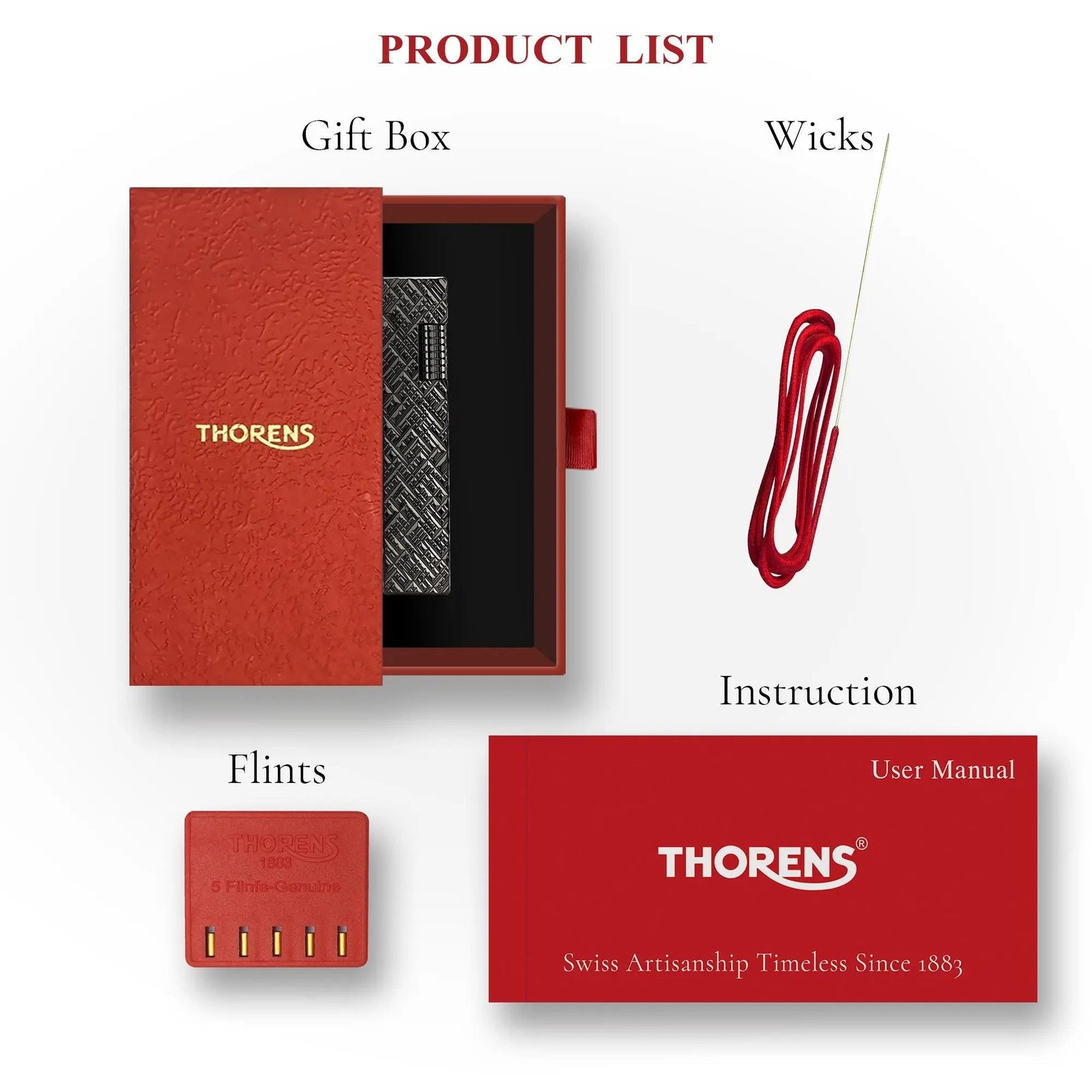 Product set for a black carved Thorens rectangular side-slip lighter, including the red gift box, lighter, replacement wick, flints, and user manual displayed on a clean light background