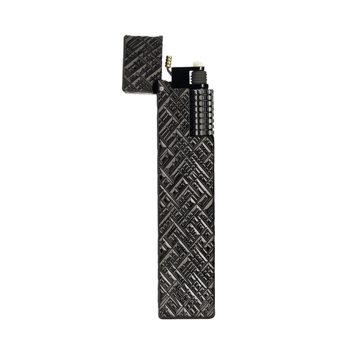 Black carved Thorens rectangular side-slip lighter shown open from the front, highlighting the engraved geometric texture, textured ignition wheel, wick, and angular brass ignition structure on a clean light background