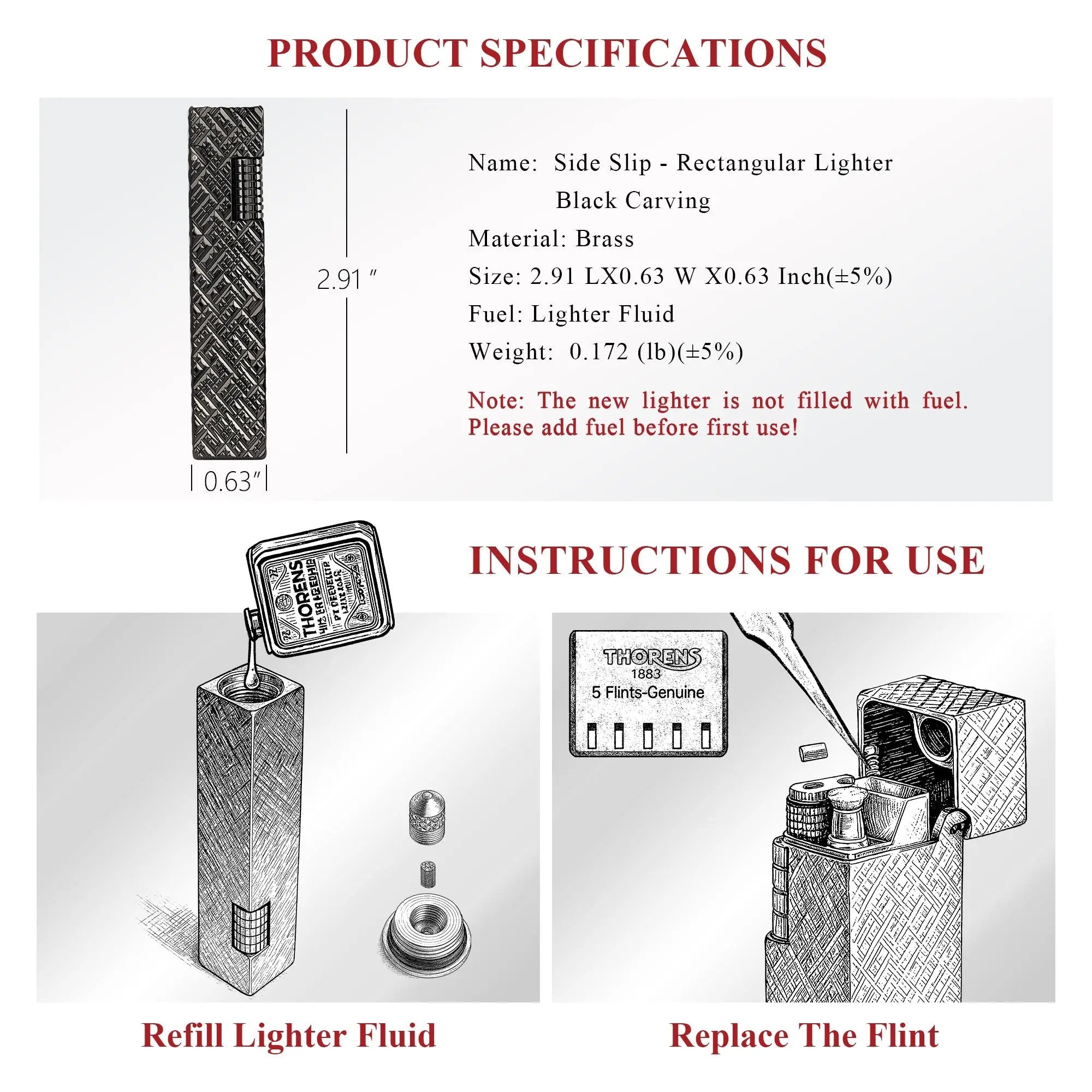 Specification and instruction graphic for a black carved Thorens rectangular side-slip lighter, showing product dimensions, brass material, lighter fluid fuel type, refill steps, and flint replacement method on a clean light background