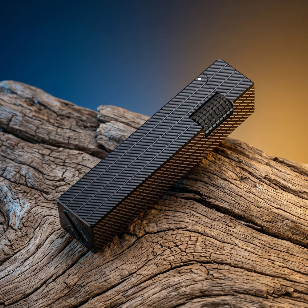 Thorens rectangular lighter with black diagonal pattern shown with the lid down, highlighting the textured surface pattern and side ignition wheel.
