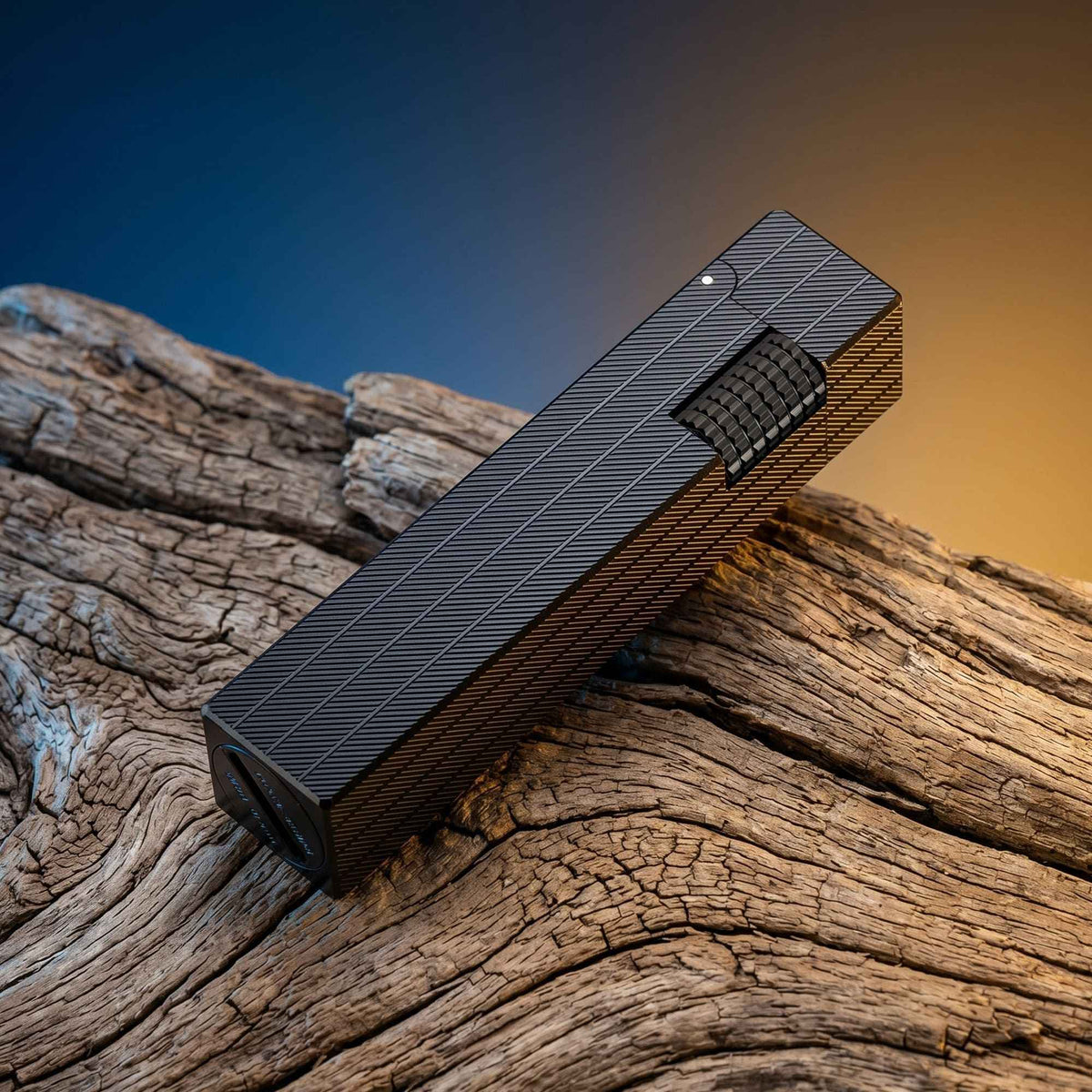 Thorens rectangular lighter with black diagonal pattern shown with the lid down, highlighting the textured surface pattern and side ignition wheel.