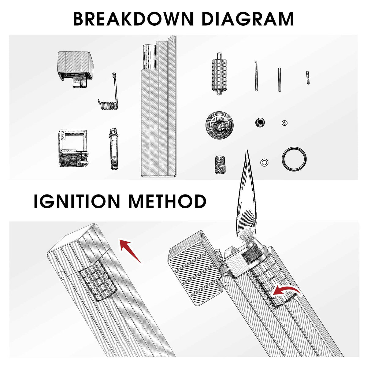 Technical diagram of Thorens rectangular lighter with black diagonal pattern, showing separated components and side-slide ignition method.
