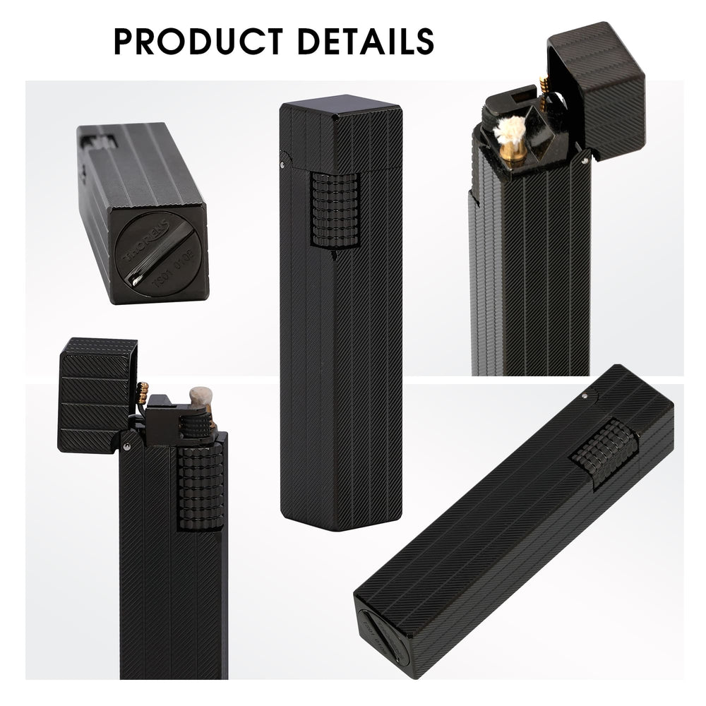Thorens rectangular lighter with black diagonal pattern shown in multiple detail views, highlighting the open lid, side ignition wheel, base marking, and textured surface pattern.
