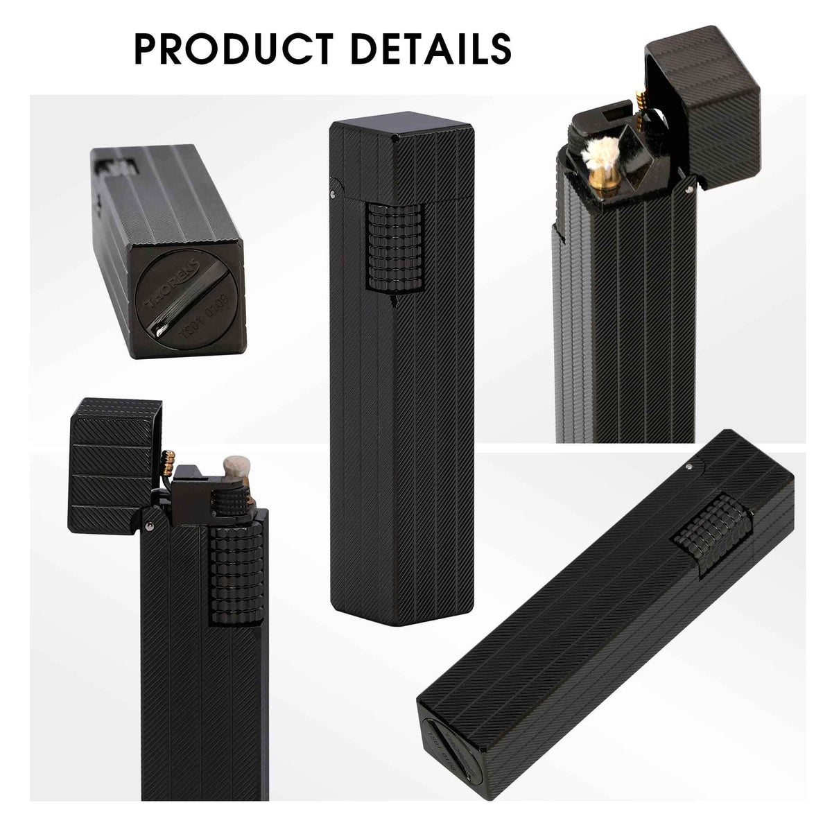 Thorens rectangular lighter with black diagonal pattern shown in multiple detail views, highlighting the open lid, side ignition wheel, base marking, and textured surface pattern.