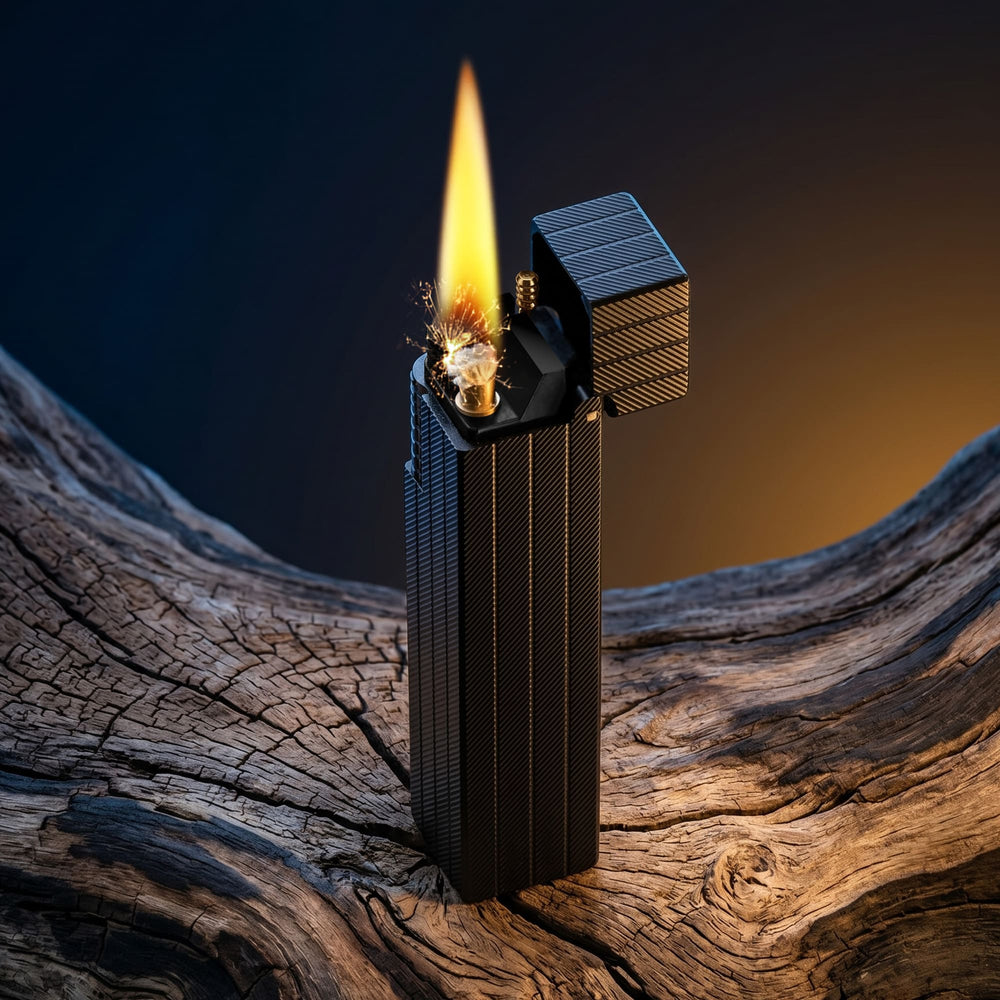 Thorens rectangular lighter with black diagonal pattern shown open and ignited, highlighting flame, spark, side ignition wheel, and textured surface pattern.