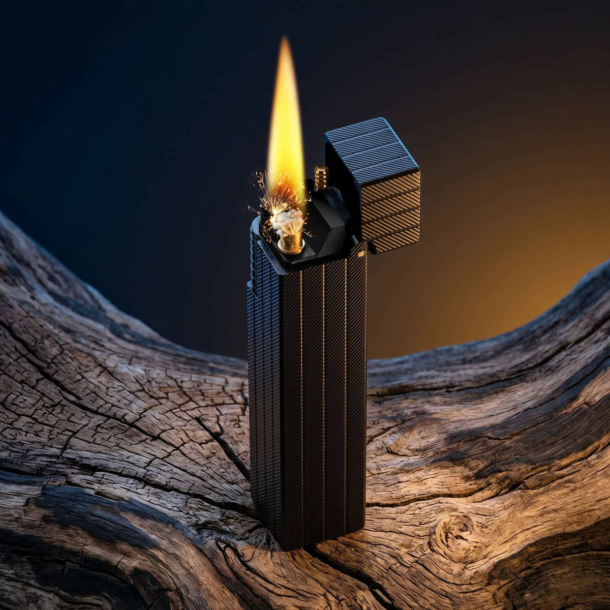Thorens rectangular lighter with black diagonal pattern shown open and ignited, highlighting flame, spark, side ignition wheel, and textured surface pattern.