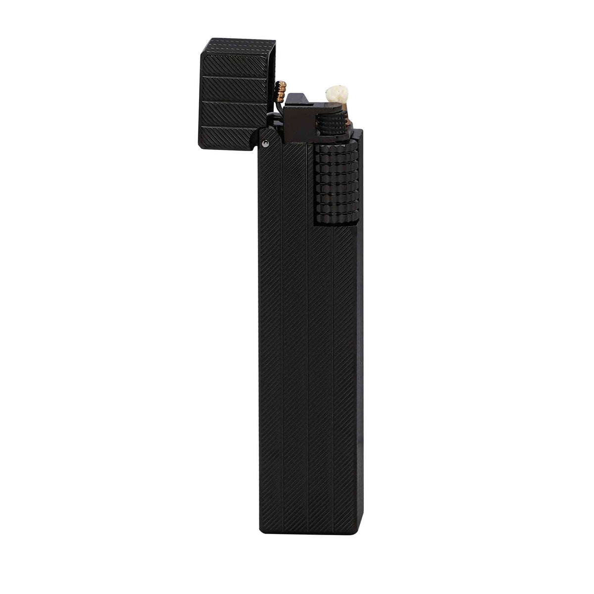 Thorens rectangular lighter with black diagonal pattern shown open, highlighting the wick, flint wheel, side ignition wheel, and exposed mechanical structure.