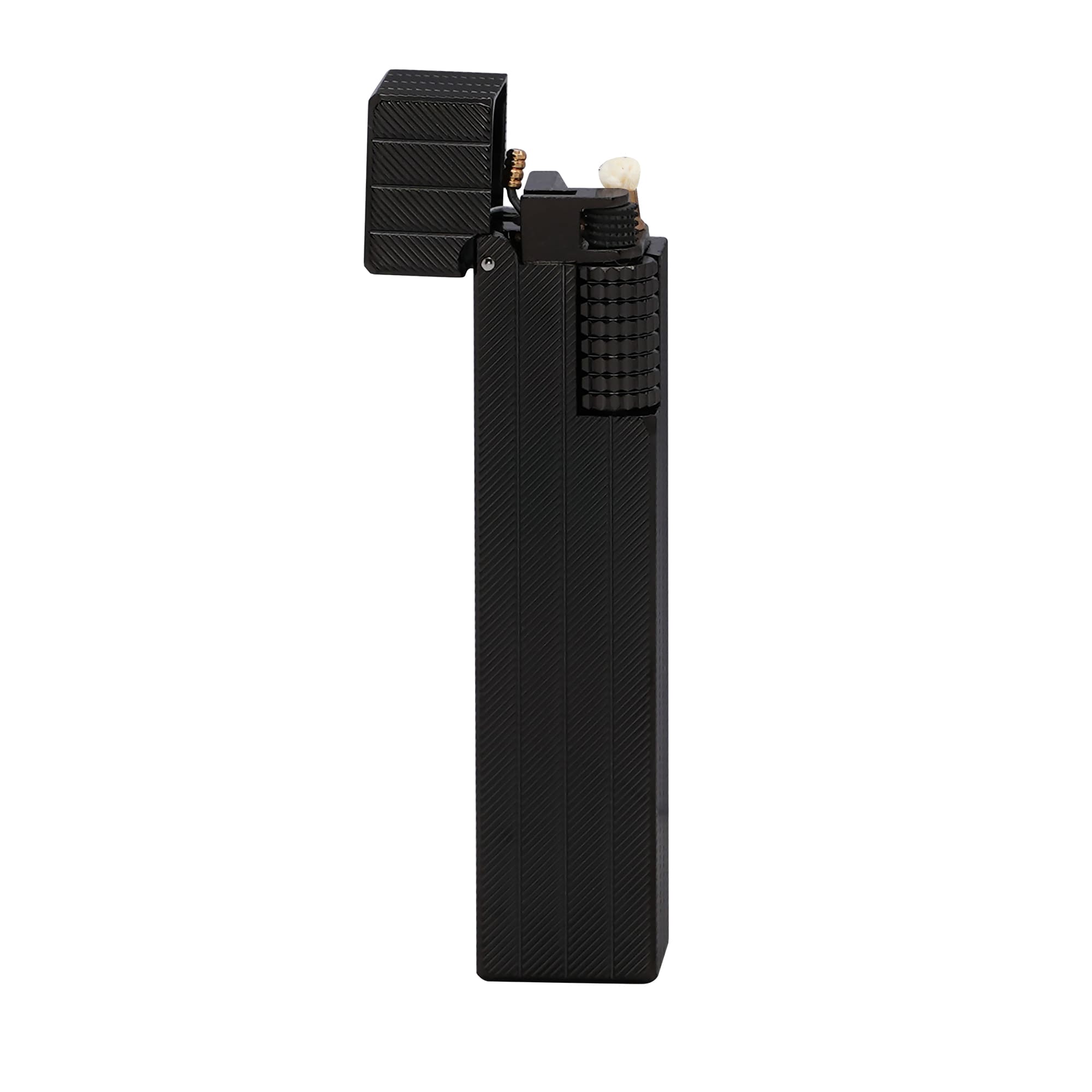 Thorens rectangular lighter with black diagonal pattern shown open, highlighting the wick, flint wheel, side ignition wheel, and exposed mechanical structure.