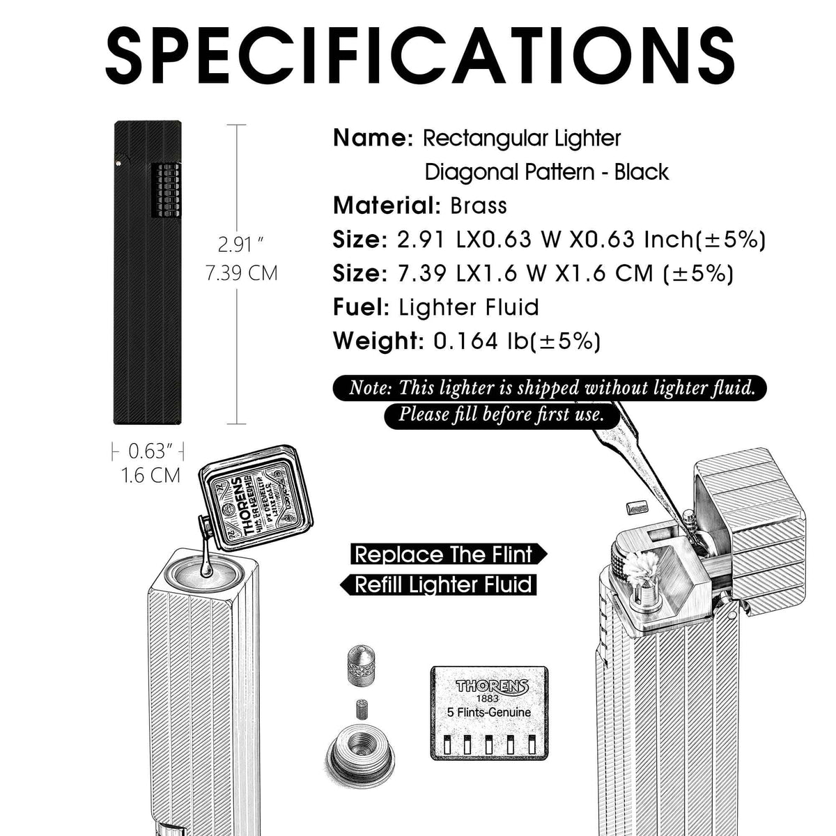 Thorens Rectangular Lighter Diagonal Pattern Black specification guide showing dimensions, brass material, fluid refill, and flint replacement steps.