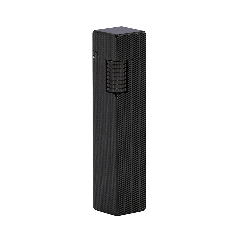 Thorens rectangular lighter with black diagonal pattern shown with the lid down, highlighting the slim body, textured surface pattern, and side ignition wheel.